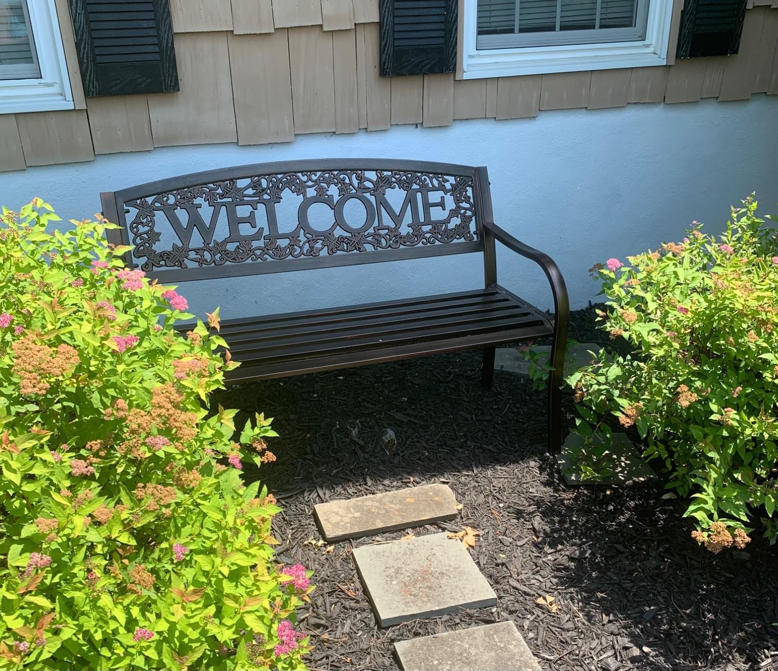 Leigh Country Metal Outdoor Bench, Welcome Design, Decorative Patio Seating for Porch/Deck customer photo 1