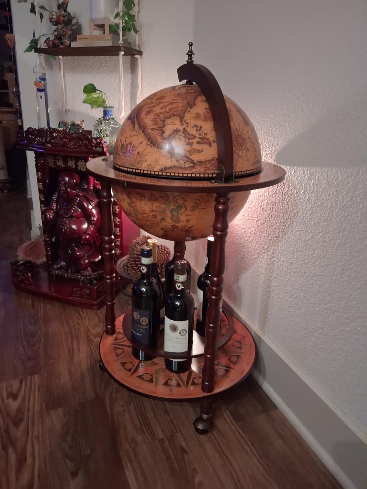 vidaXL Eucalyptus Wood Globe Bar Stand - Brown, Mobile Wine Storage, Solid Wood Construction, Perfect for Home, Office, and Reception Area. customer photo 2