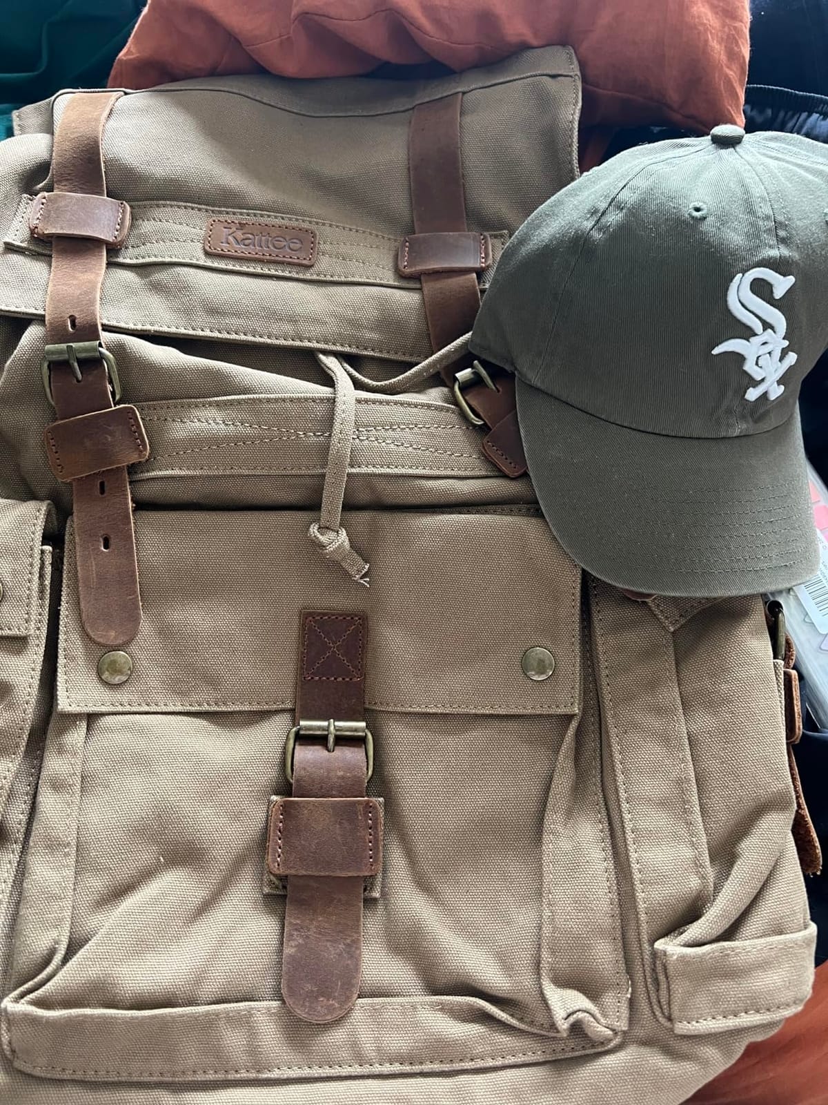Kattee Men's Leather Canvas Backpack Large School Bag Rucksack Army Green customer photo 2