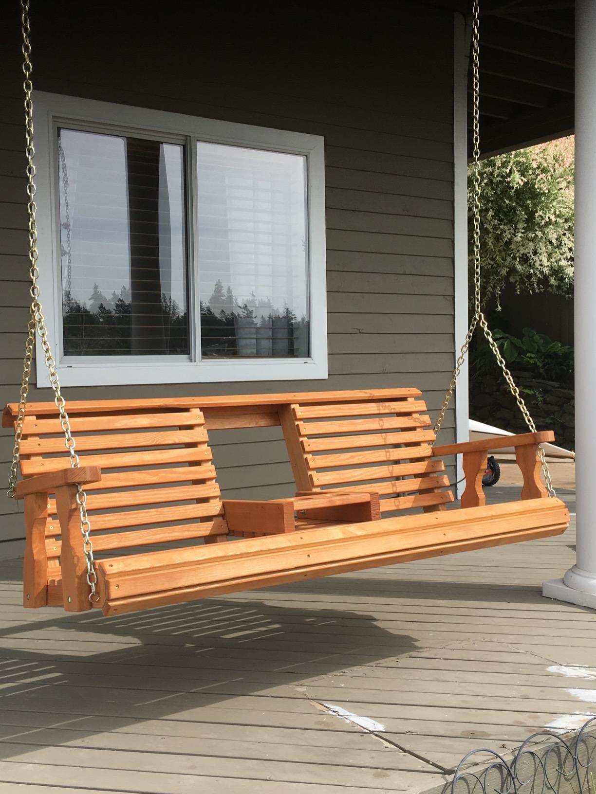 Porchgate Amish Heavy Duty Console Porch Swing with Fold Down Cup Holders in Cedar Stain - Amish Made in The USA from Treated Pine, Hanging Chains Included customer photo 2