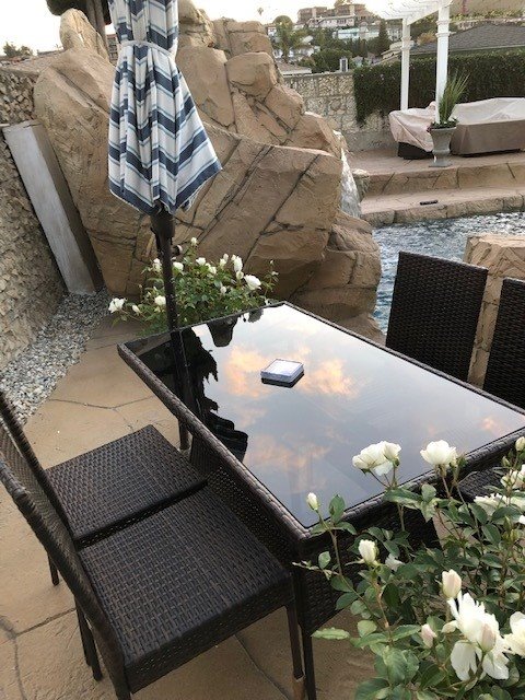 Tangkula 5 Piece Patio Wicker Dining Set, Outdoor Rattan Table and Chairs with w/Tempered Glass Table Top & Padded Cushions, Wicker Patio Conversation Furniture Set for Balcony Patio Garden Poolside customer photo 2