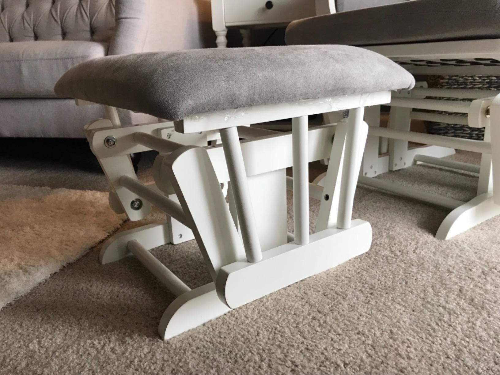 Child Craft Cozy Glider Rocker and Ottoman Set, Smooth Quiet Gliding Motion, Padded Cushion with Convenient Storage Pockets, Solid Wood Base & Frame (Matte White with Light Gray Cushion) customer photo 1