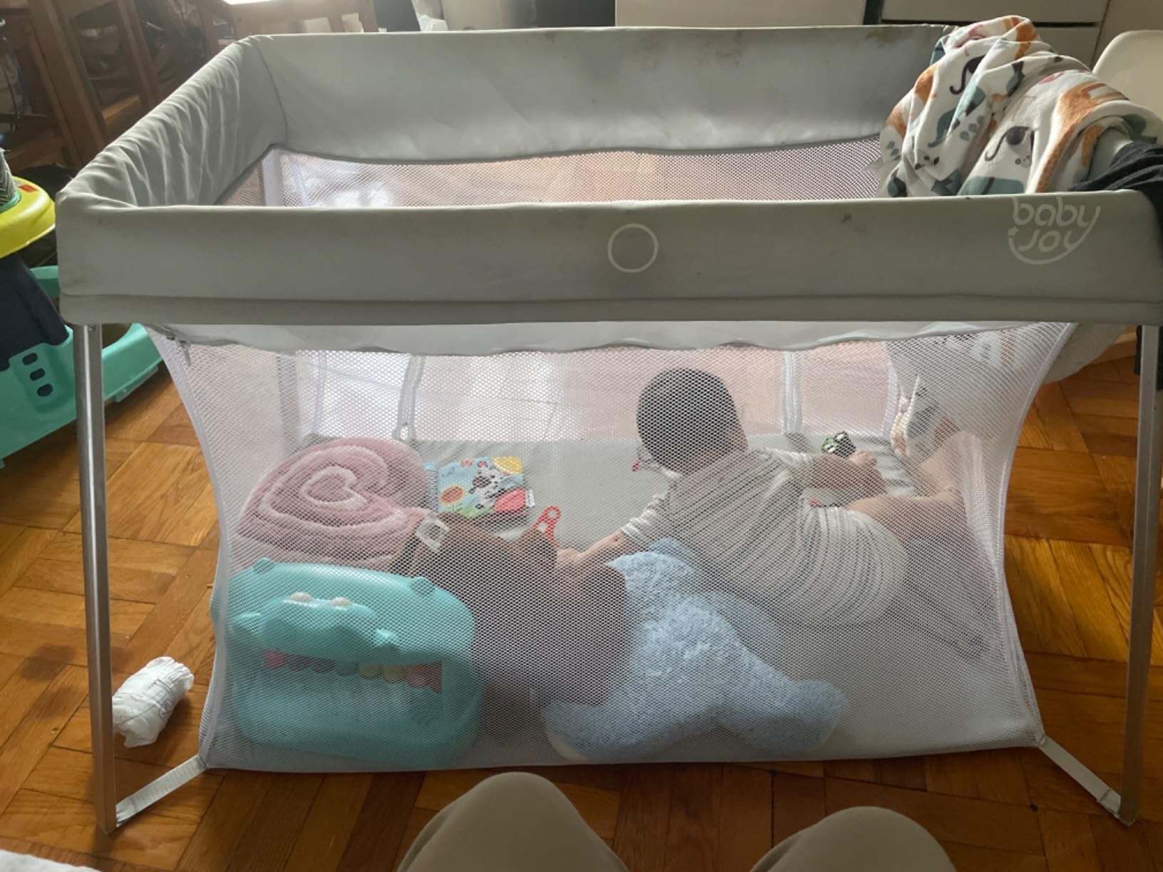 BABY JOY 2 in 1 Travel Crib with Side Zipper, Portable Baby Playard with Soft Washable Mattress, Installation-Free Home Playard with Carry Bag for Airplane, Lightweight Playpen for Infants &Toddlers customer photo 2