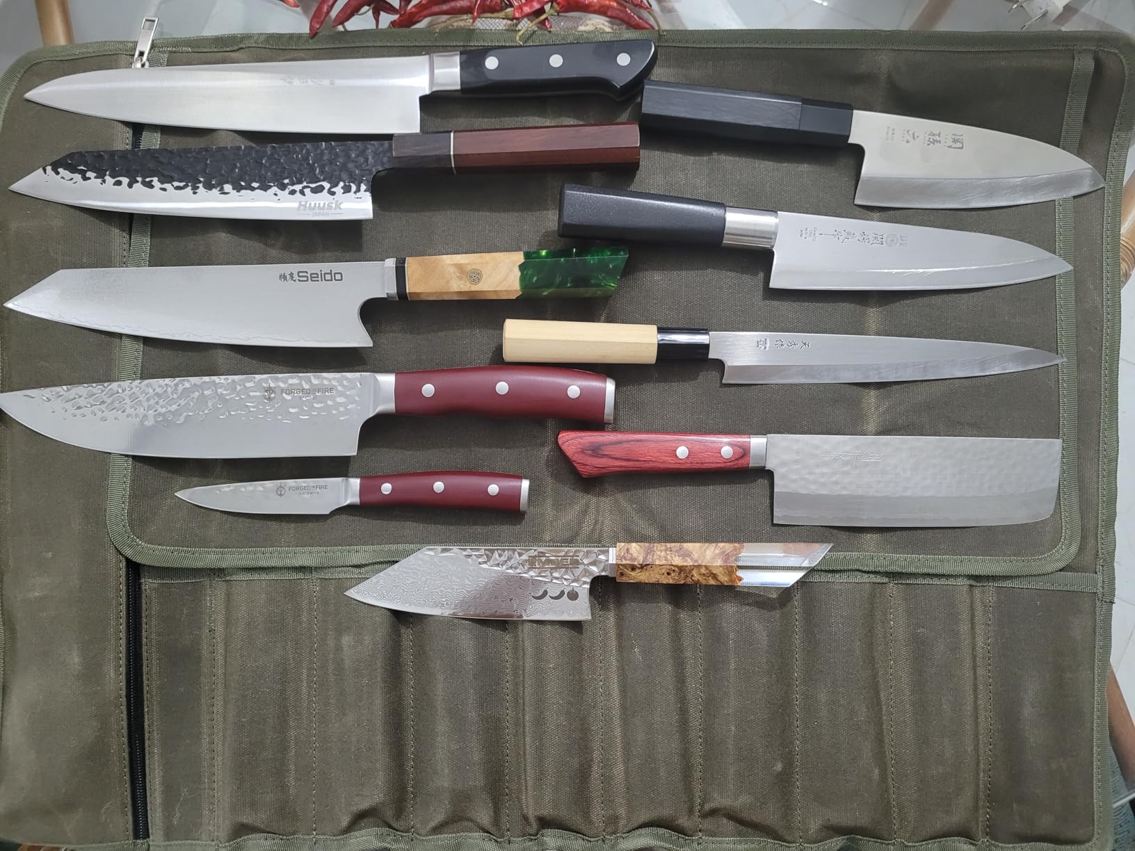 Chef’s Knife Roll Bag,Waxed Canvas Knife Cultery Carrier, Portable Chef Knife Cases,Knife Pouch Holders With 10 Slots Plus 1 Zipper Pockets Can Hold Home Kitchen Knife Tools Up To 18.8” customer photo 2