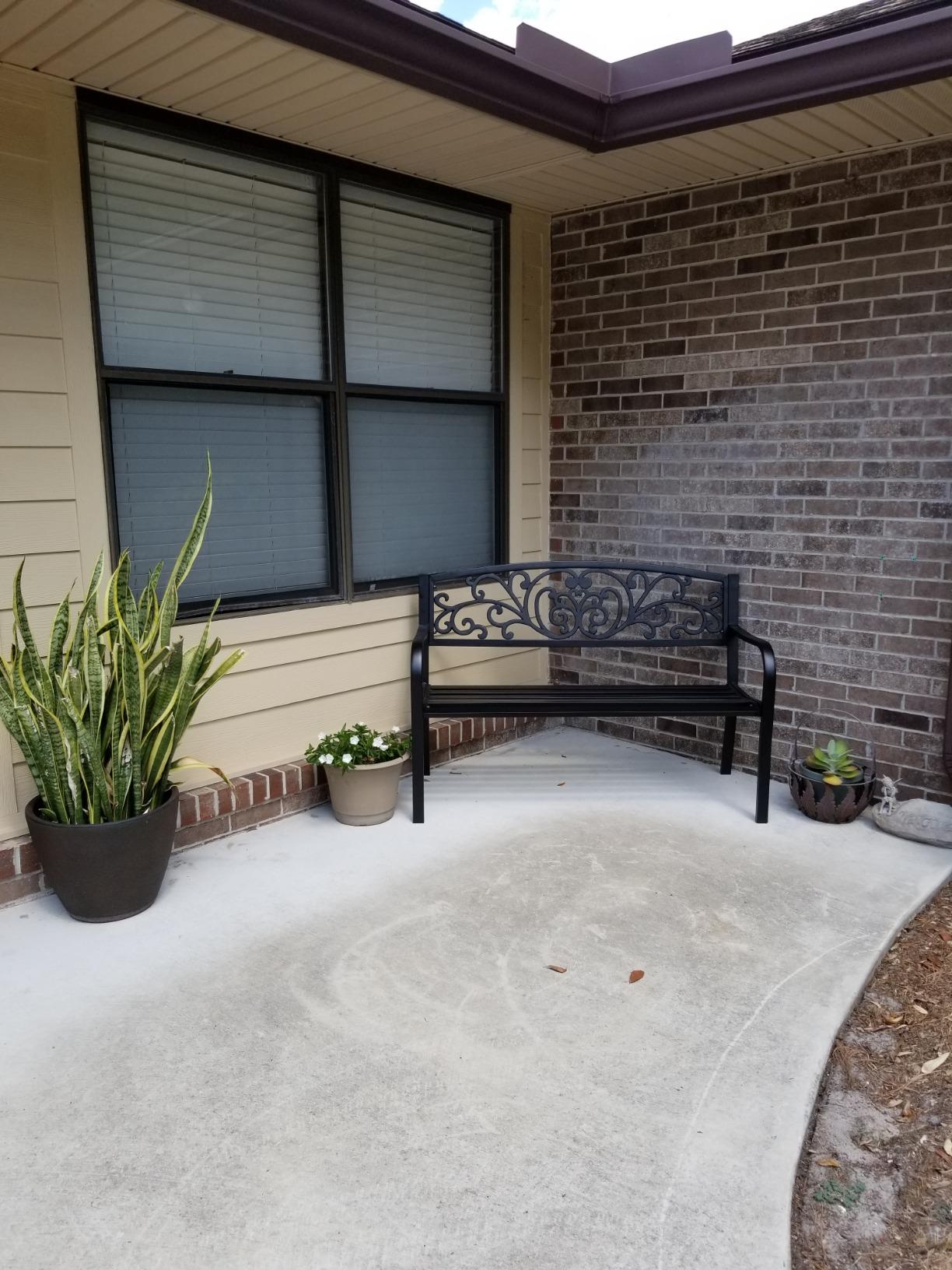 VINGLI Outdoor Bench for Patio Metal Garden Bench w/PVC Back Pattern, Black Park Benches Front Porch Benches for Yard Lawn Decor Deck Entryway (Black-Floral) customer photo 2