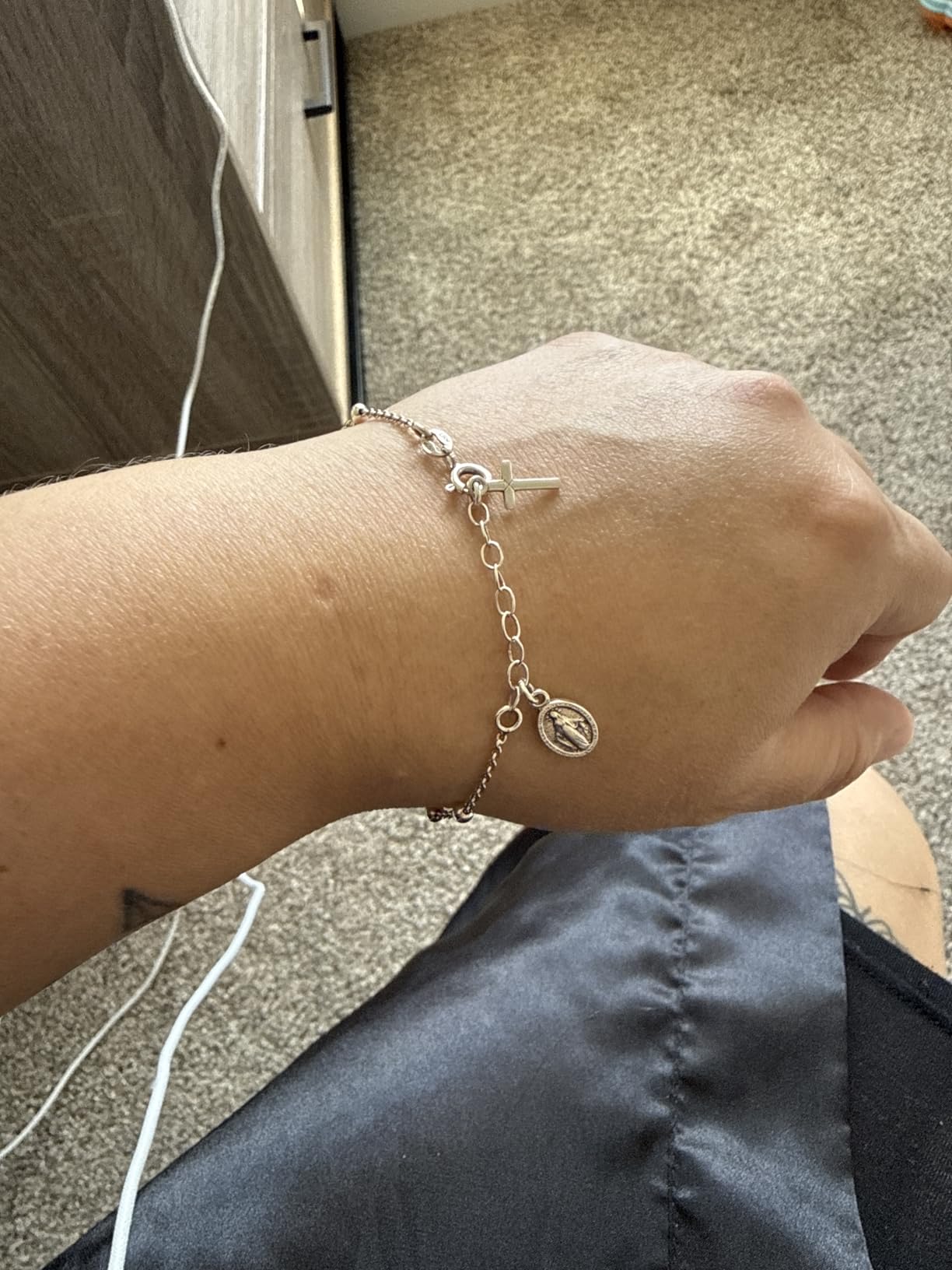 Miabella Italian 925 Sterling Silver Rosary Bead Chain Bracelet for Women | Adjustable Length, Cross Charm, Link Chain, Fine Jewelry, Made in Italy customer photo 2