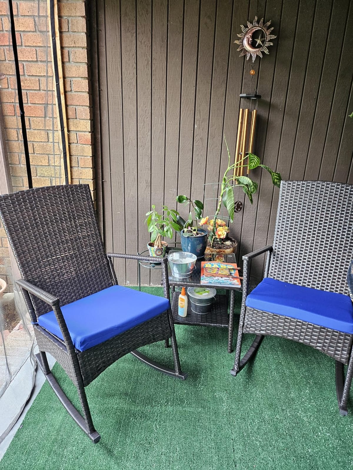 Outdoor HDPE Wicker Rocking Chair 3-Piece Patio Rattan Bistro Set 2 Rocker Armchair and Glass Coffee Side Table Furniture Washable Lacing Cushions, Khaki customer photo 2