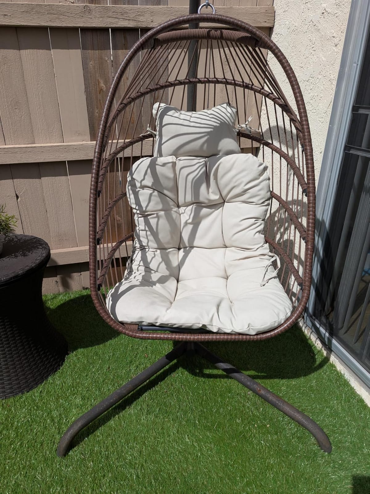 NICESOUL Swing Egg Chair Indoor Outdoor, Patio Wicker Hanging Chair with Stand, All Weather Egg Hammock Chairs with Cushions, 350lbs Durable Birthday Gift Swinging Chair for Backyard Balcony, Brown customer photo 1