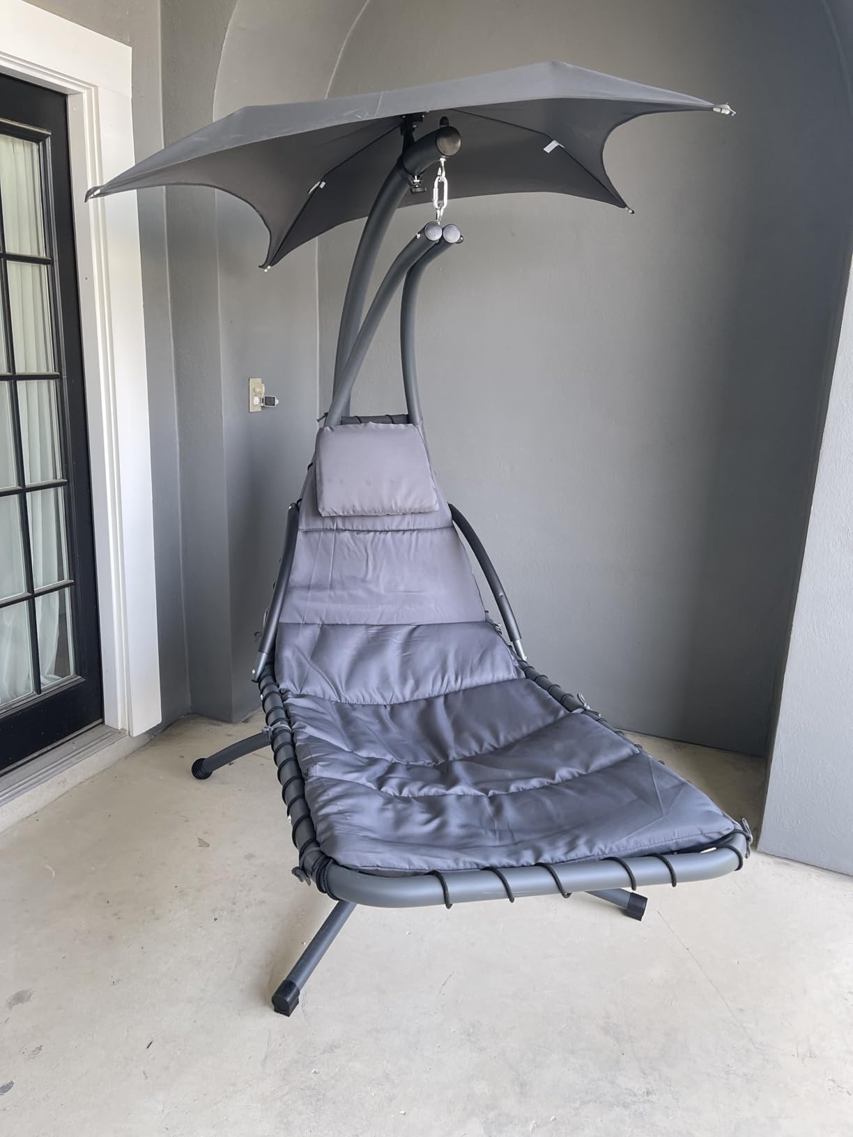 Best Choice Products Outdoor Hanging Curved Steel Chaise Lounge Chair Swing w/Built-in Pillow and Removable Canopy - Navy Blue customer photo 2