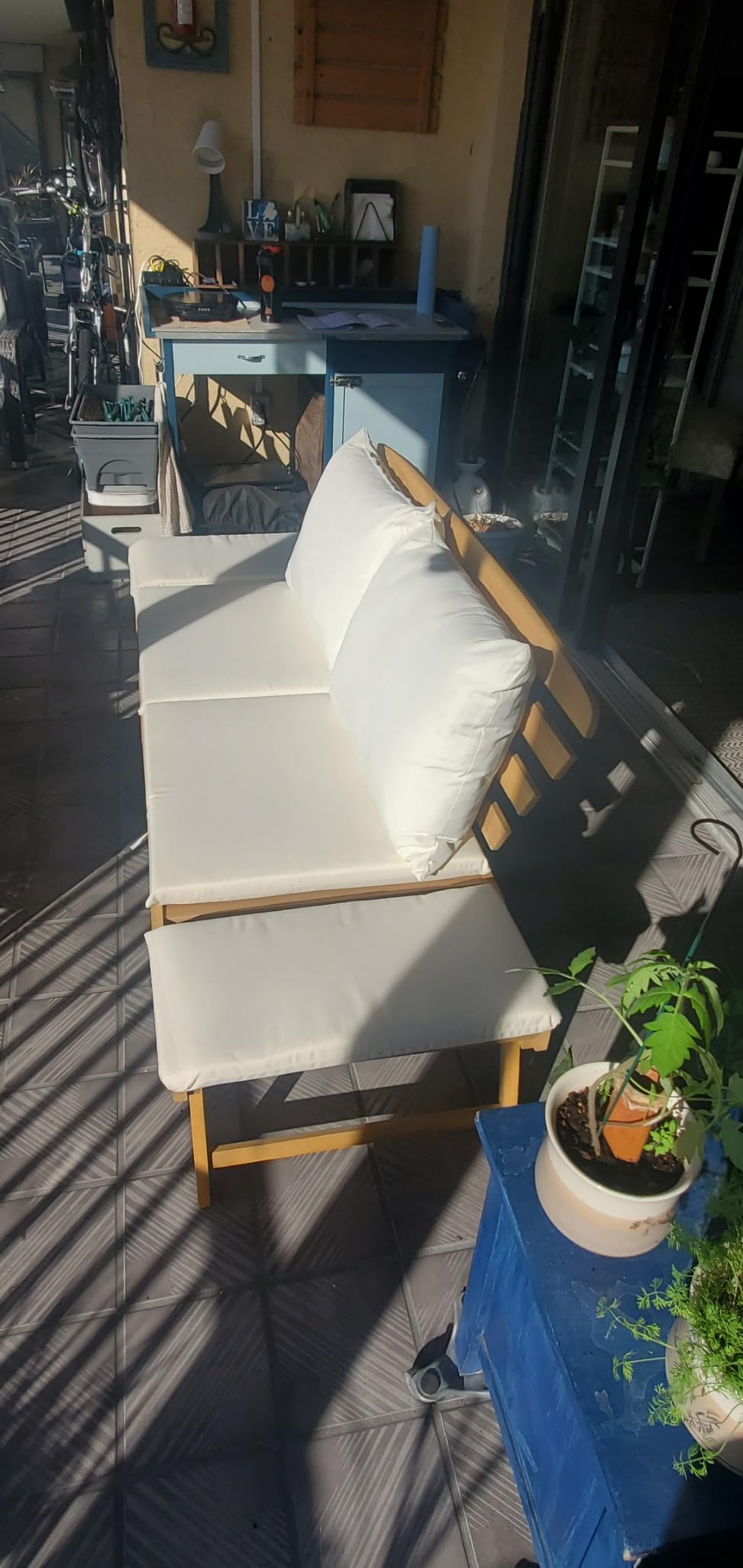 Tangkula Convertible Acacia Wood Patio Couch Sofa Bed with Adjustable Armrest, Outdoor Daybed with Cushion & Pillows, Outside Folding Futon Sofa Couch Bench for Porch, Courtyard, Poolside & Garden customer photo 1