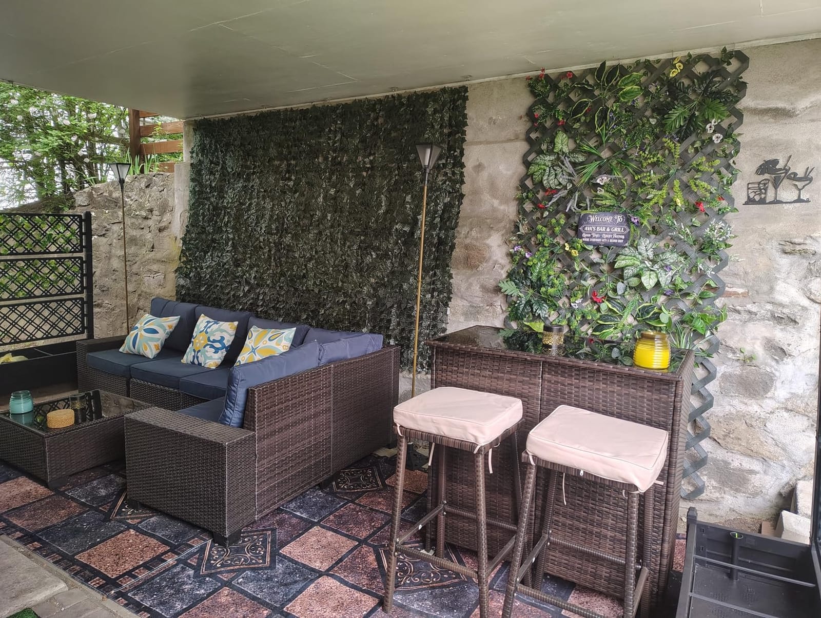 Yaheetech 3pcs Outdoor Bar Set, Patio Wicker Bar Furniture with 2 Storage Shelves, Glass Top Table, Cushions and Two Stools, Brown/Khaki | with 2 Storage Shelves, Glass Top Table, Cushions and Two Stools customer photo 1