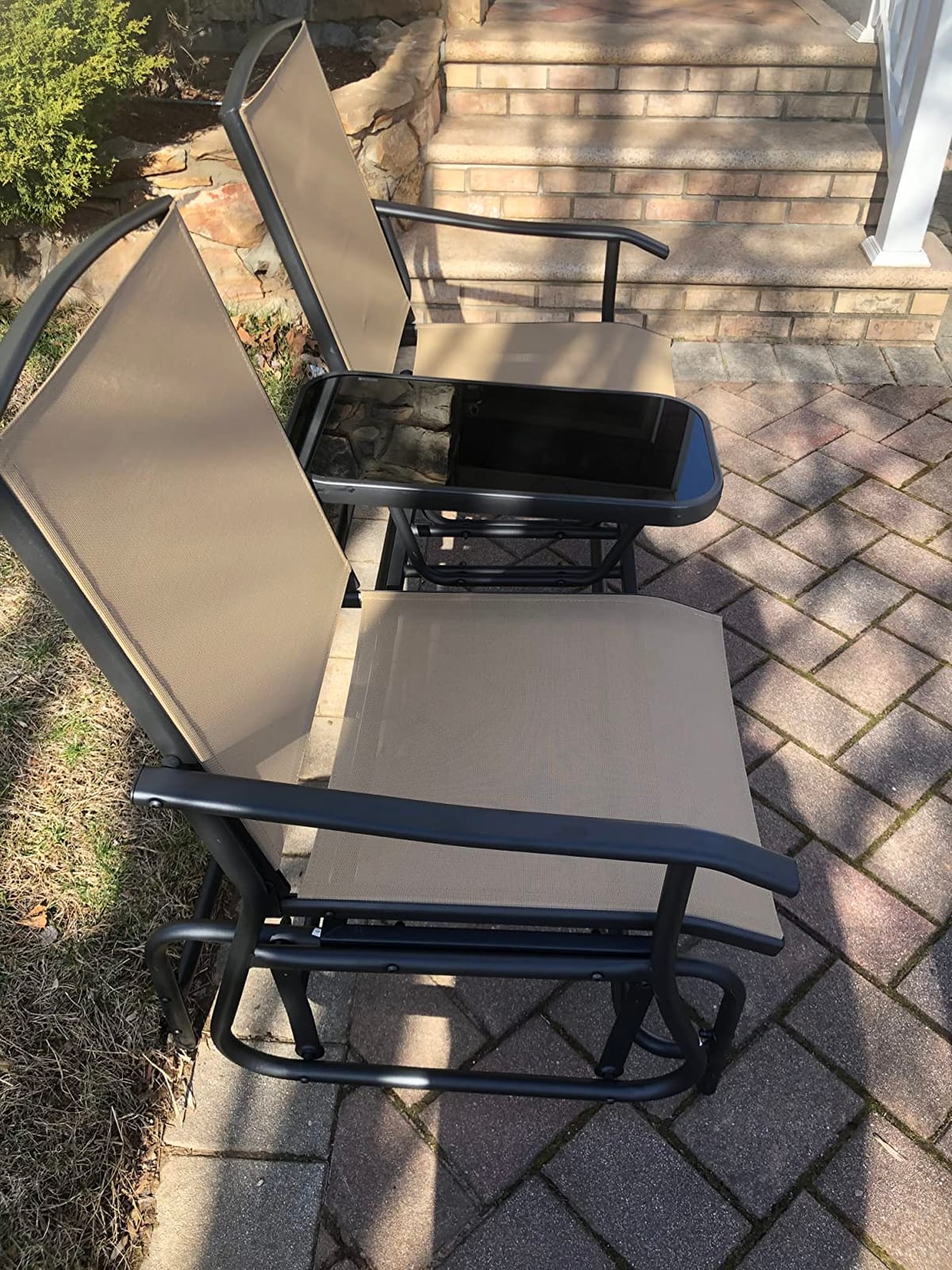 Tangkula 2 Person Swing Glider Chair, Patio Rocking Loveseat w/Center Tempered Glass Table, Outdoor Swing Bench w/Steel Frame & Breathable Mesh Fabric for Porch, Balcony, Poolside (Beige) customer photo 1