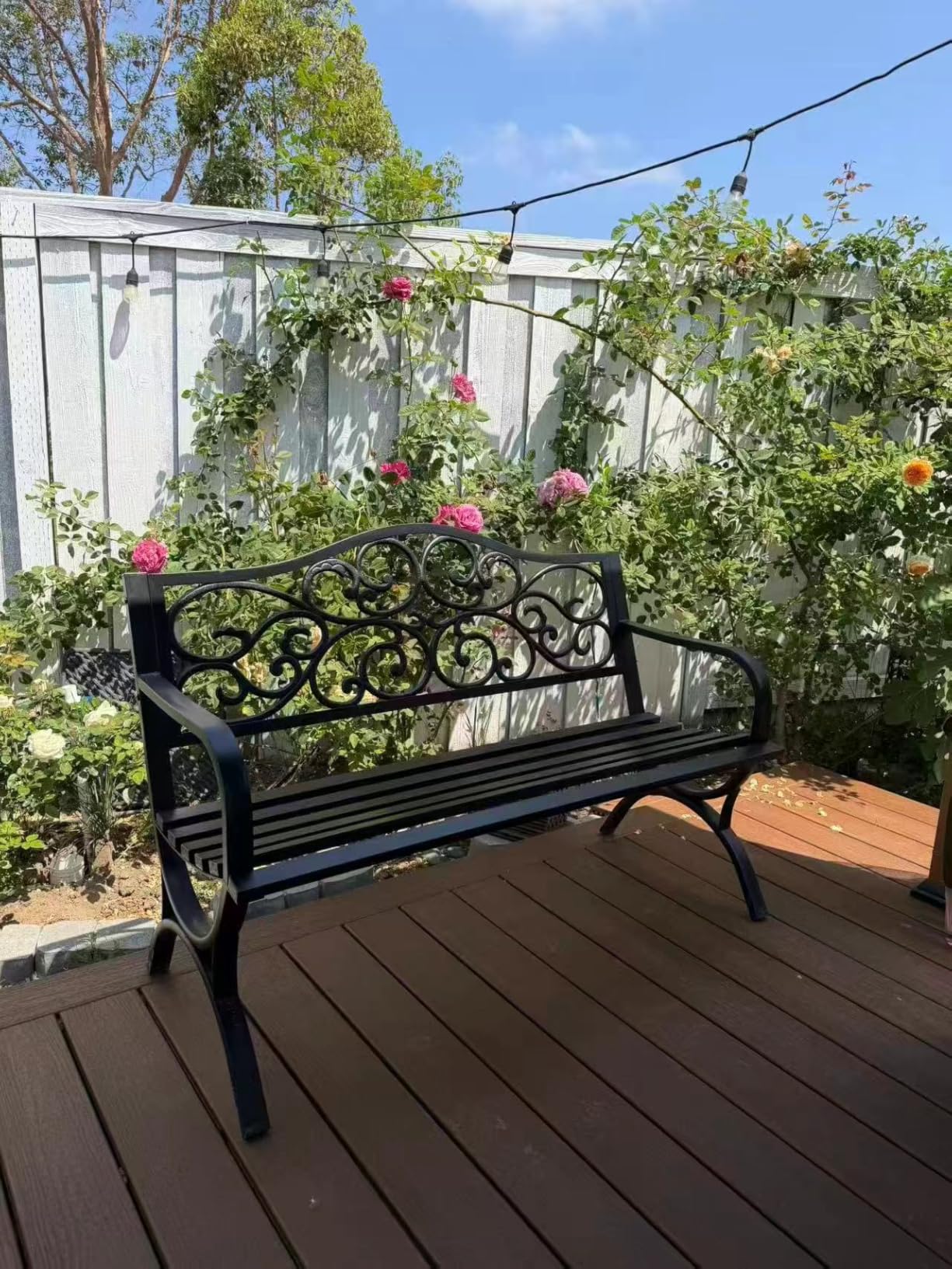 MFSTUDIO 50 Inches Outdoor Garden Bench Cast Iron Metal Frame Floral Bronze | E-Coating Anti-Rust Finish, Weatherproof Outdoor Bench for Patio, Porch, Front Door, Park, Up to 550 Lbs for 2-3 People customer photo 1