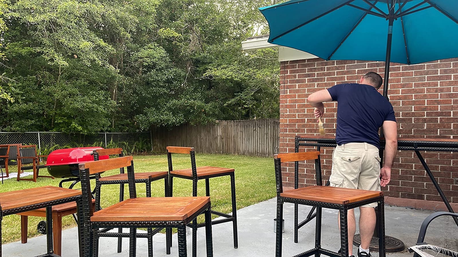 HAPPYGRILL 7 Piece Patio Bar Table Set with Umbrella Hole Acacia Wood High-Dining Bistro Set with 6 Bar Stools, PE Wicker Outdoor Bar Set for Backyard Patio and Poolside customer photo 1