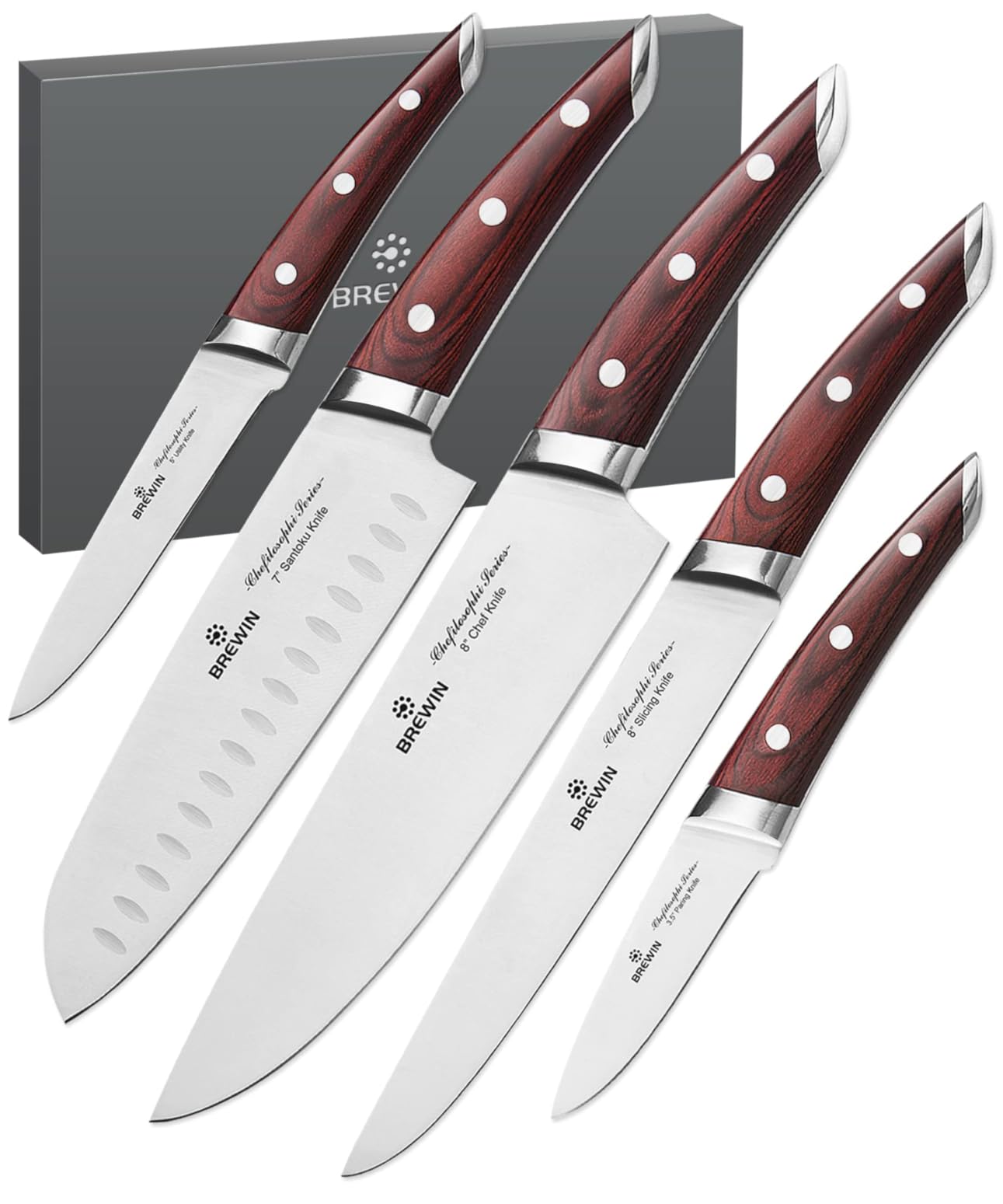 Brewin CHEFILOSOPHI Japanese Chef Knife Set 5 PCS with Elegant Red Pakkawood Handle Ergonomic Design,Professional Ultra Sharp Kitchen Knives for Cooking High Carbon Stainless Steel customer photo 1