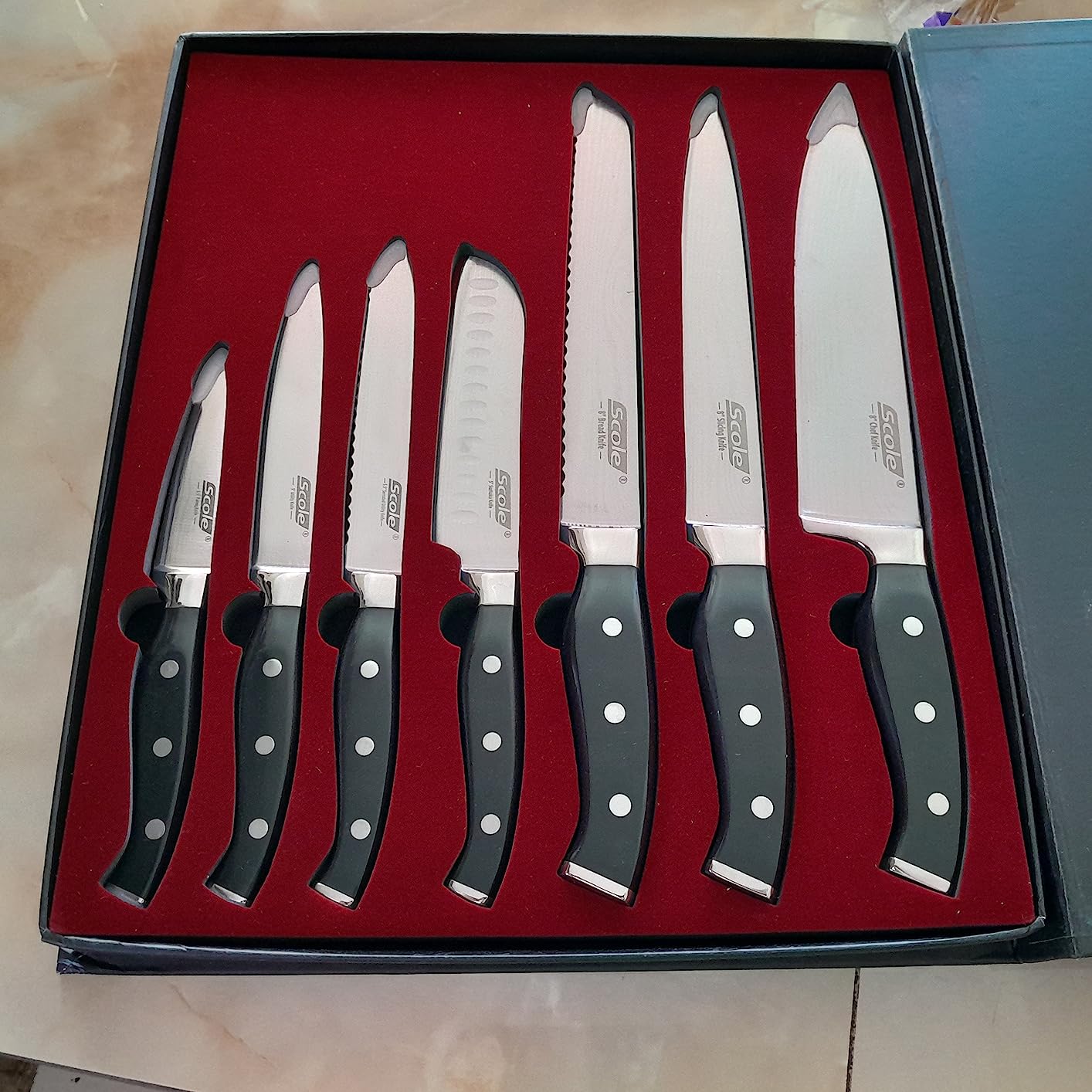 SCOLE® Chef Knife Ultra Sharp Kitchen Knife Set 7-Piece, Premium German 1.4116 Stainless Steel Chefs Knife Set, Ergonomic Handle Professional Full Tang Knives Set for Kitchen with Gift Box customer photo 2