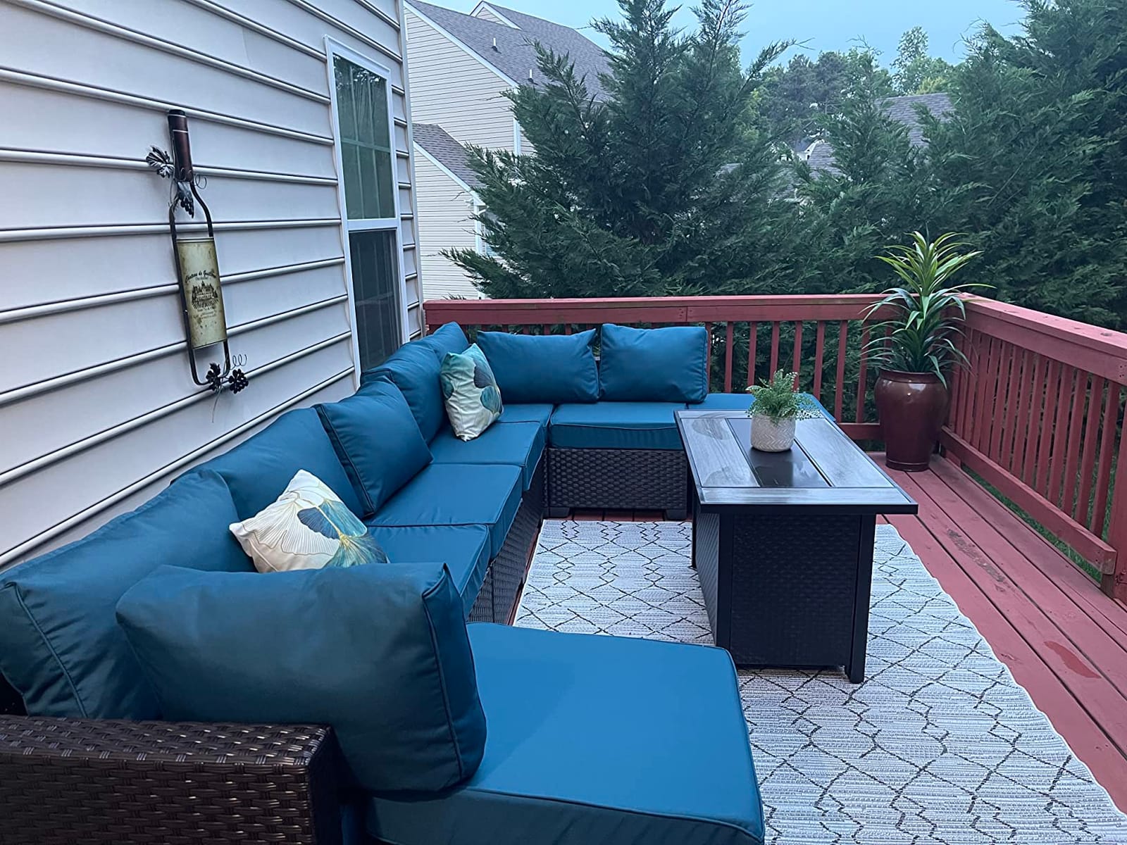 Lviden 10 Pieces Wicker Patio Furniture Set with Patio Glass Table Outdoor Sectional Conversation Sofa Set with 43 inches Fire Pit Table and Non-Slip Cushione, Navy Blue customer photo 1