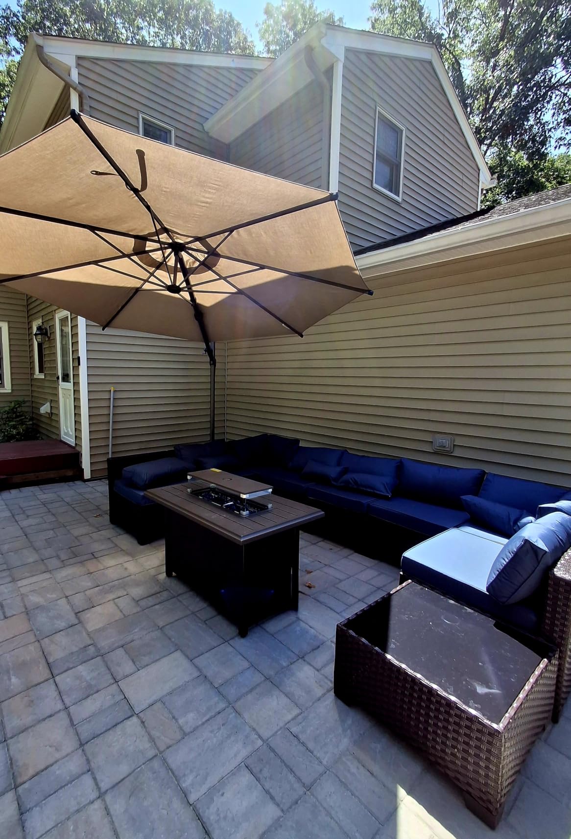 Lviden 10 Pieces Wicker Patio Furniture Set with Patio Glass Table Outdoor Sectional Conversation Sofa Set with 43 inches Fire Pit Table and Non-Slip Cushione, Navy Blue customer photo 2