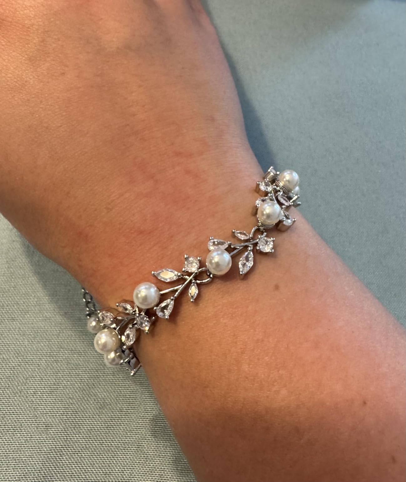 Crysdue Simulated Pearl CZ Wedding Leaf Tennis Bracelet for Women Bride customer photo 1