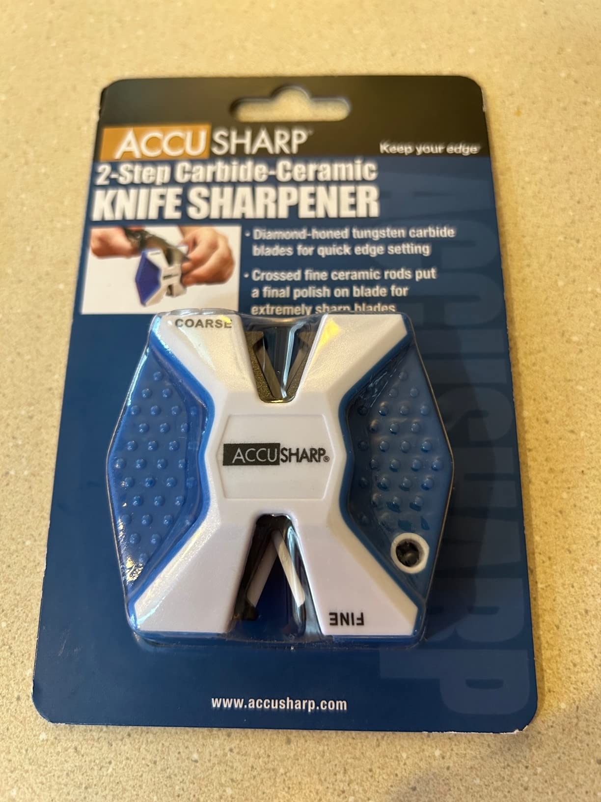 AccuSharp Pull Through Knife Sharpener Keychain, 2-Stage Sharpener for Straight or Serrated Kitchen Knives, Handheld Tool for Fishing & Hunting, White/Blue customer photo 1