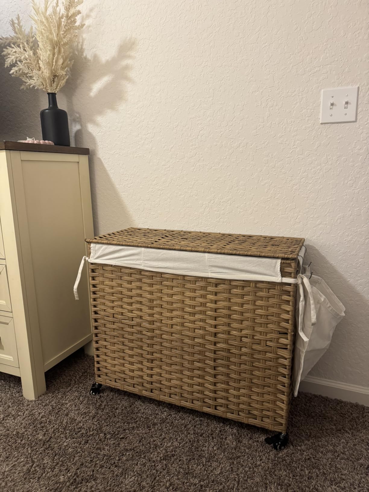 SONGMICS Rolling Laundry Hamper with Lid, 160 L 3-Section Synthetic Rattan | Laundry Basket with Wheels, Removable Liner, 29.9 x 13 x 26 Inches,Natural， ELIOTT Collection ULCB365N01 customer photo 2