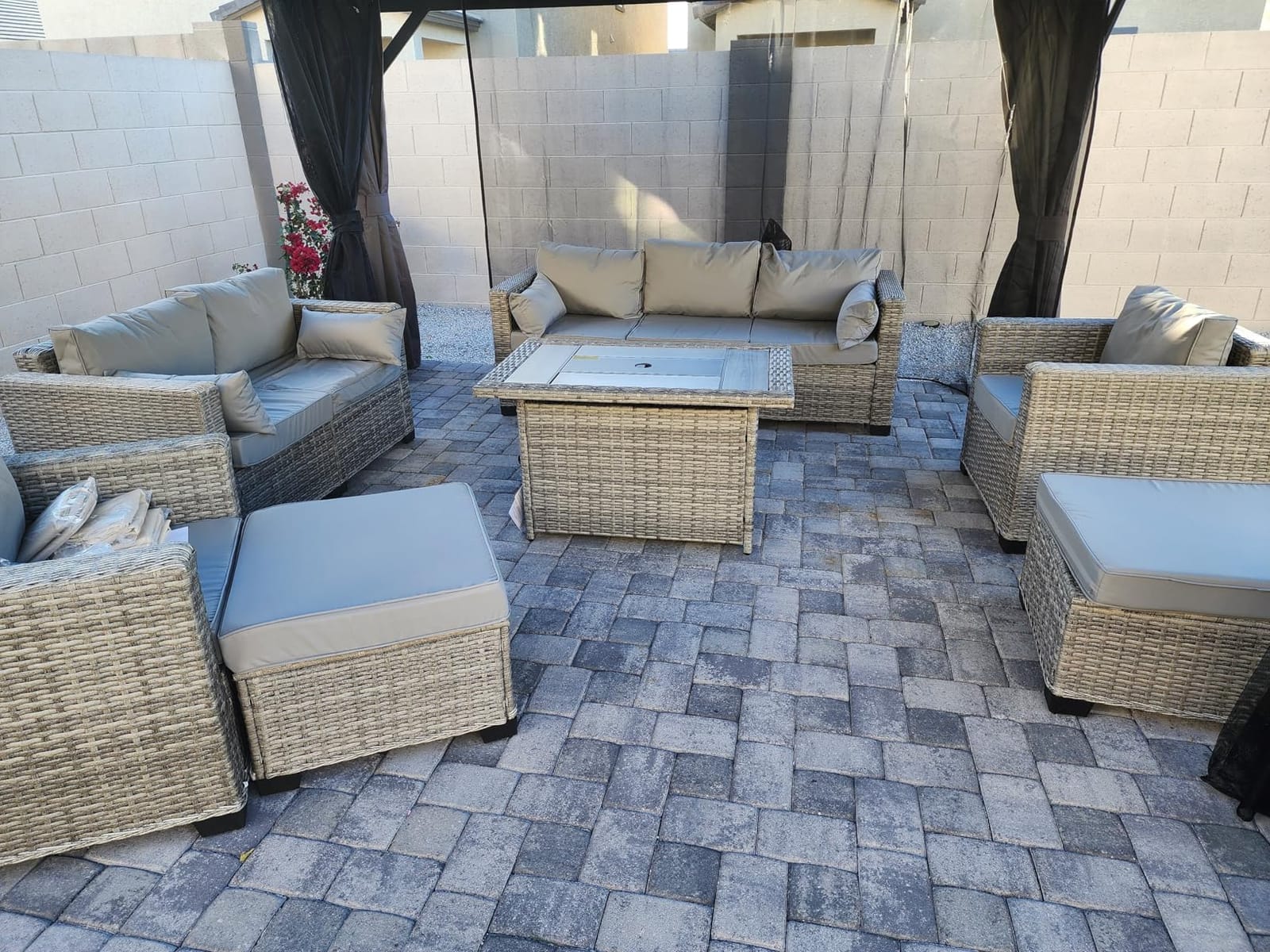 Rattaner Patio Furniture Set with 45-Inch Fire Pit 7-Piece Outdoor Furniture Sets Patio Couch Outdoor Chairs 60000 BTU Propane Fire Pit Table Non-Slip Cushions and Waterproof Covers, Navy Blue customer photo 2