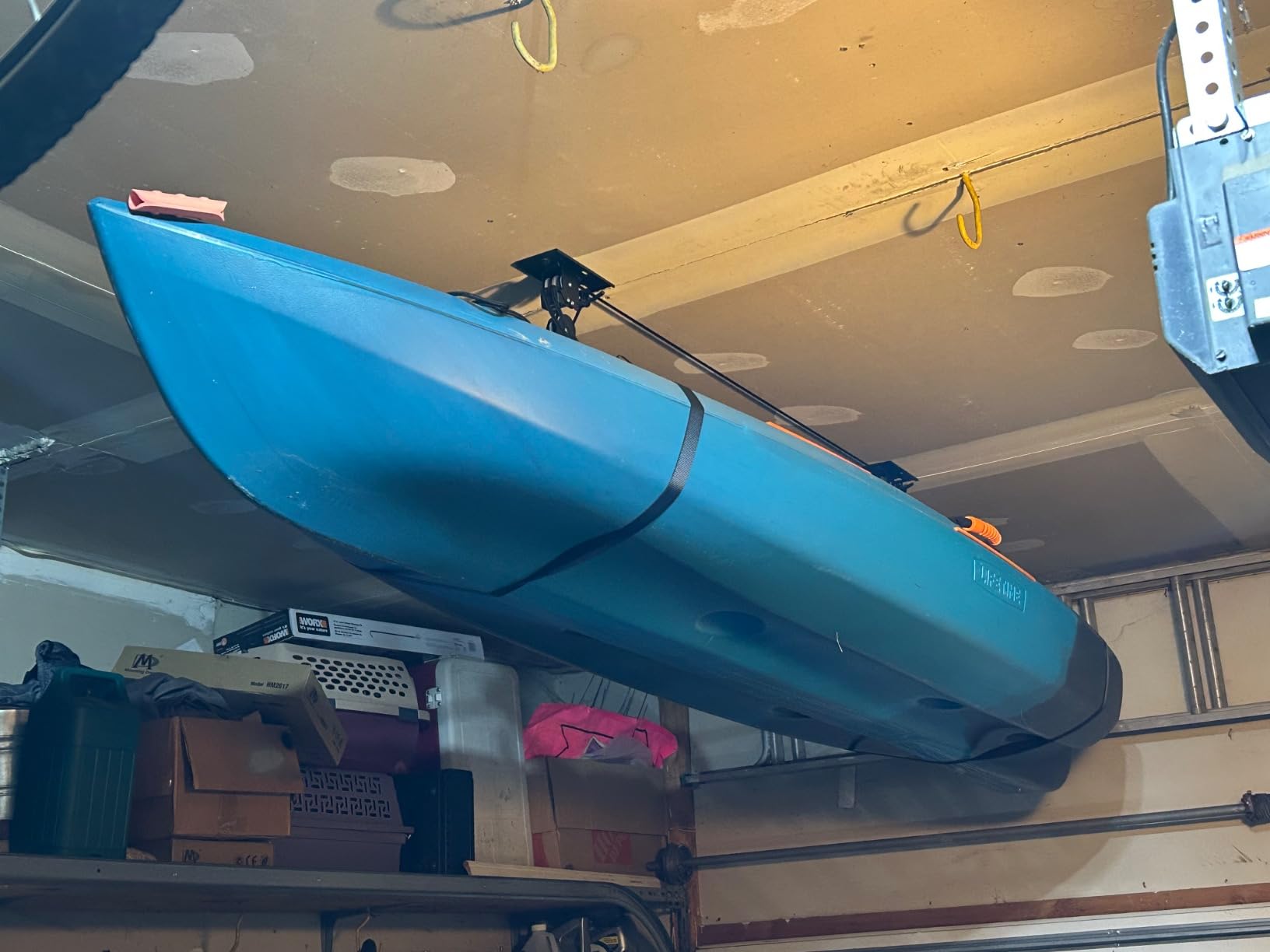 StoreYourBoard Kayak and Canoe Ceiling Hoist – Overhead Garage Storage Rack for Kayaks, Canoes, and Paddle Gear – Heavy Duty Pulley System Indoor Ceiling Mount customer photo 1