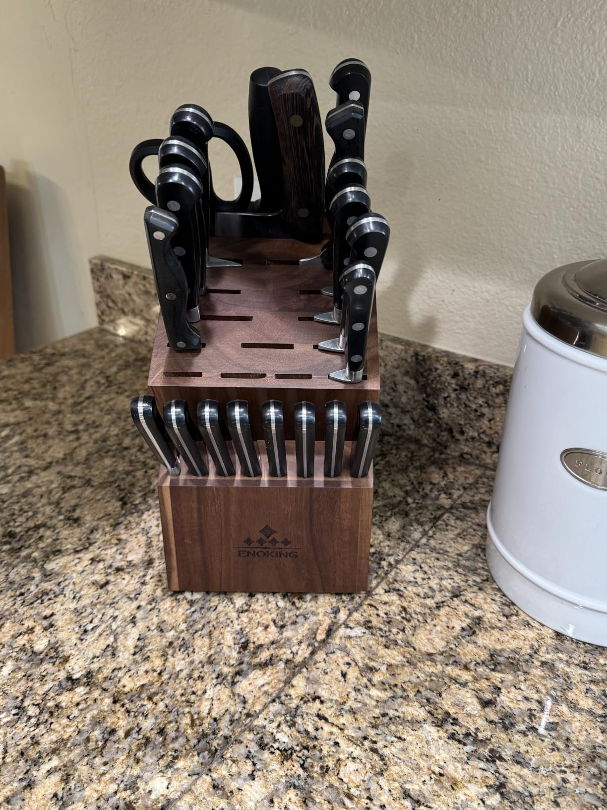ENOKING 15 Slots Universal Knife Block, Acacia Wood Knife Block without Knives, Knife Holder for Kitchen Counter- Wider Angled Openings for Keeping Knives Sharp customer photo 2