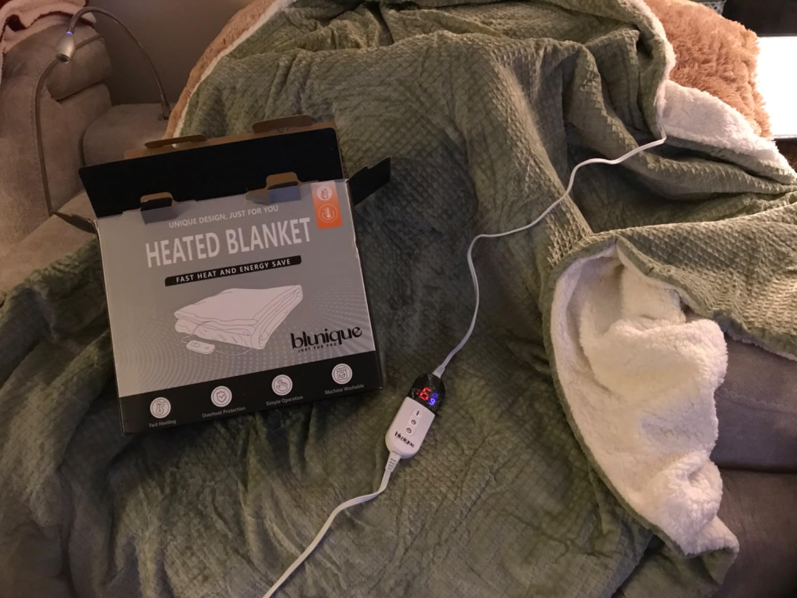Heated Blanket Electric Blanket Queen Waffle, 84x90 Inches Dual Controllers Sherpa Fleece Fast Heating Blanket 6 Heating Levels & 10 Hours Auto Off ETL Certification, Sage Queen customer photo 1