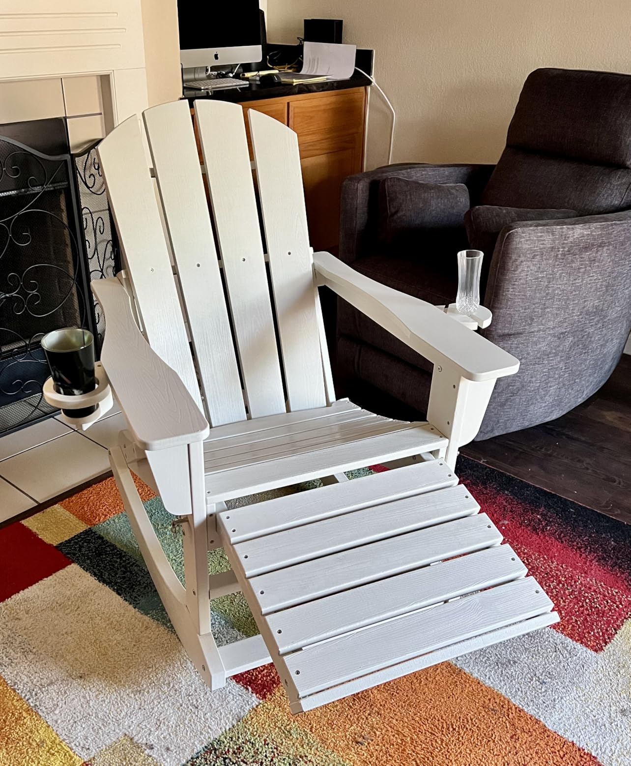 KINGYES Adirondack Rocking Chair Set of 2 with Retractable Ottoman and Cup Holders, HDPE Adirondack Rocker Patio Rocking Chair for Porch, Patio, Balcony, Black customer photo 2
