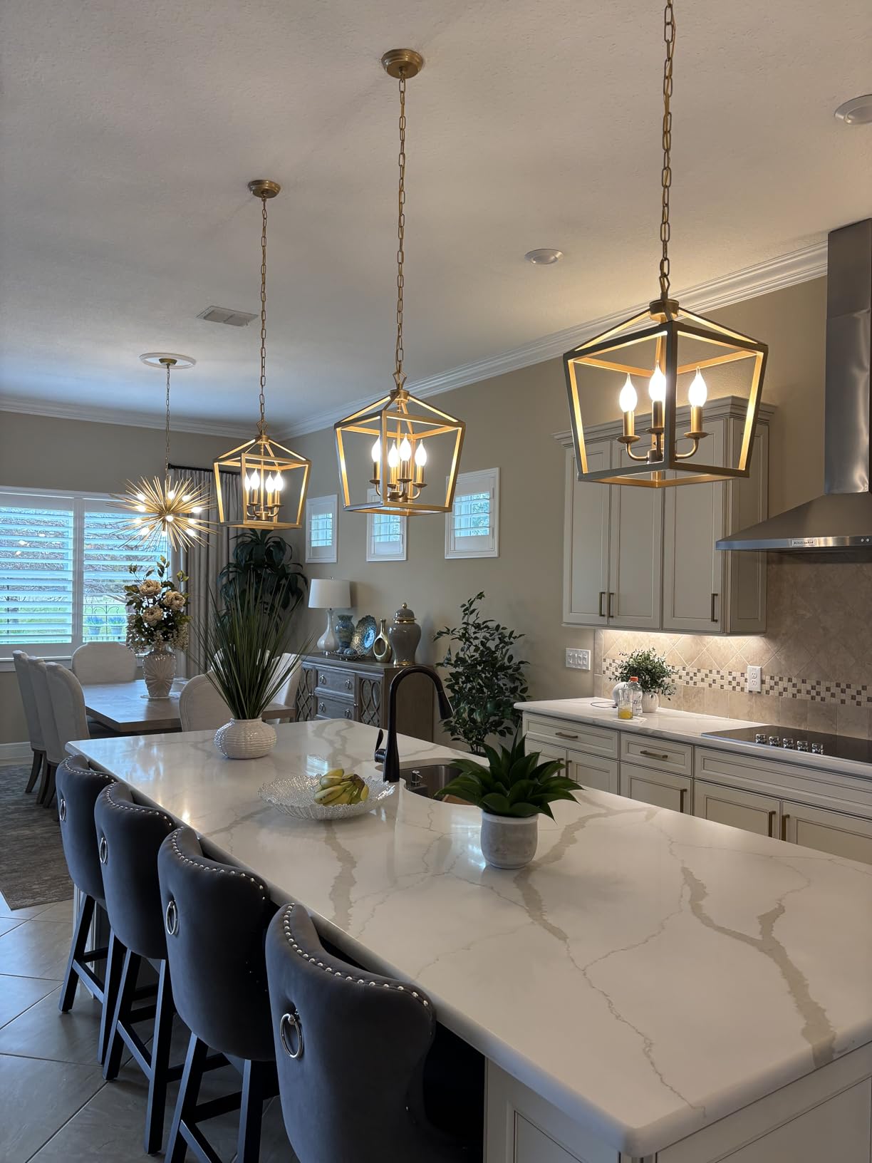Industrial 4 Lights Chandelier, Gold Lantern Ceiling Light Fixtures with Rustic Metal Cage Adjustable Height Farmhouse Geometric Hanging Light for Kitchen Island, Dining Room, Entryway, UL Listed customer photo 1