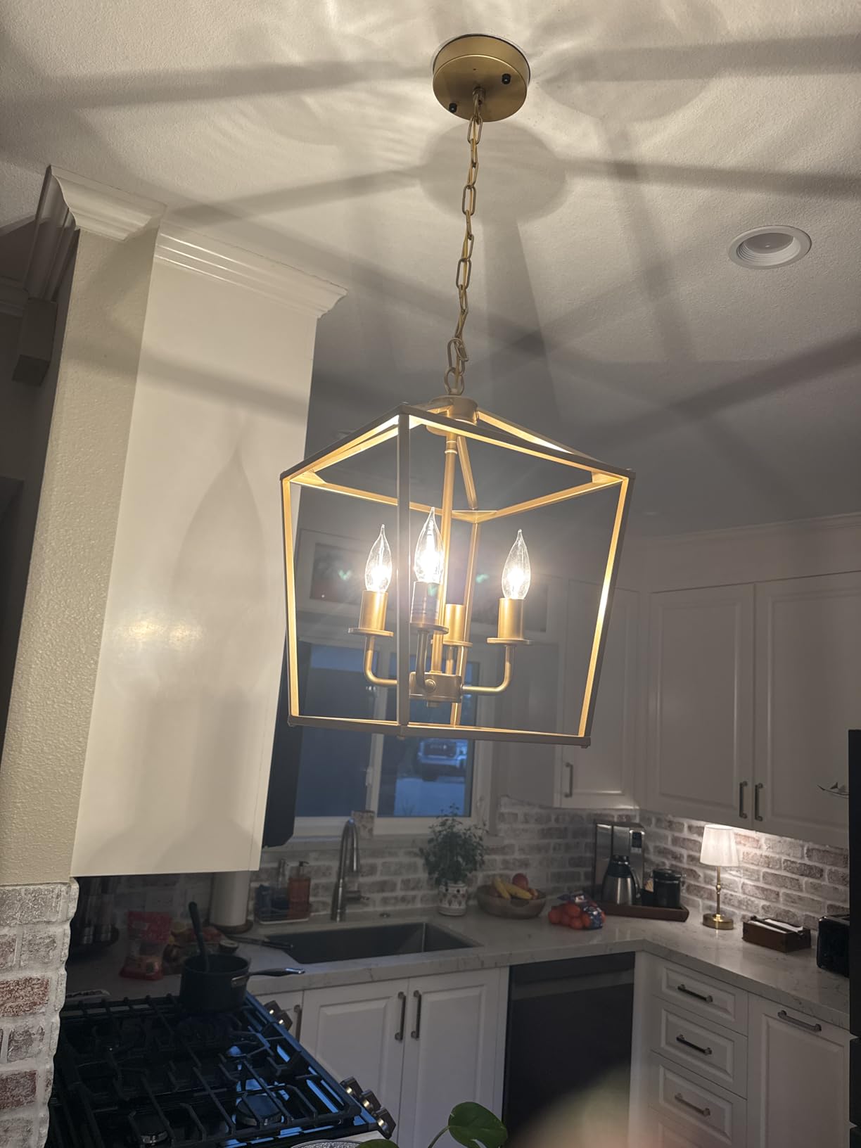Industrial 4 Lights Chandelier, Gold Lantern Ceiling Light Fixtures with Rustic Metal Cage Adjustable Height Farmhouse Geometric Hanging Light for Kitchen Island, Dining Room, Entryway, UL Listed customer photo 2