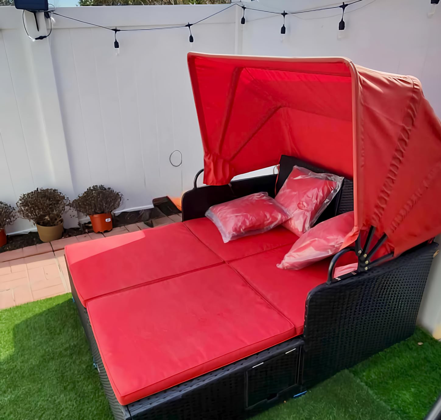 HAPPYGRILL Outdoor Wicker Lounge Daybed, Hand-Woven PE RattanDaybed, Patio Loveseat Sofa Set with Retractable Canopy & 2 Side Tables, Outdoor Sun Lounger with Soft Cushions customer photo 1
