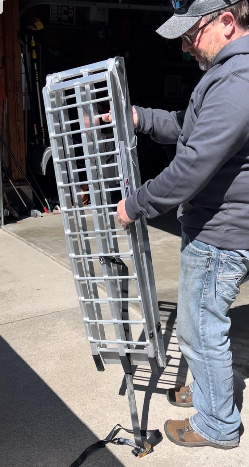 7.5FT Aluminum Loading Ramp, 850 lbs Capacity, Folding Ramp for Pickup Truck & Trailer with Load Straps, for Loading Motorcycles, ATVs, Lawn Mowers, and Small Vehicles, 90