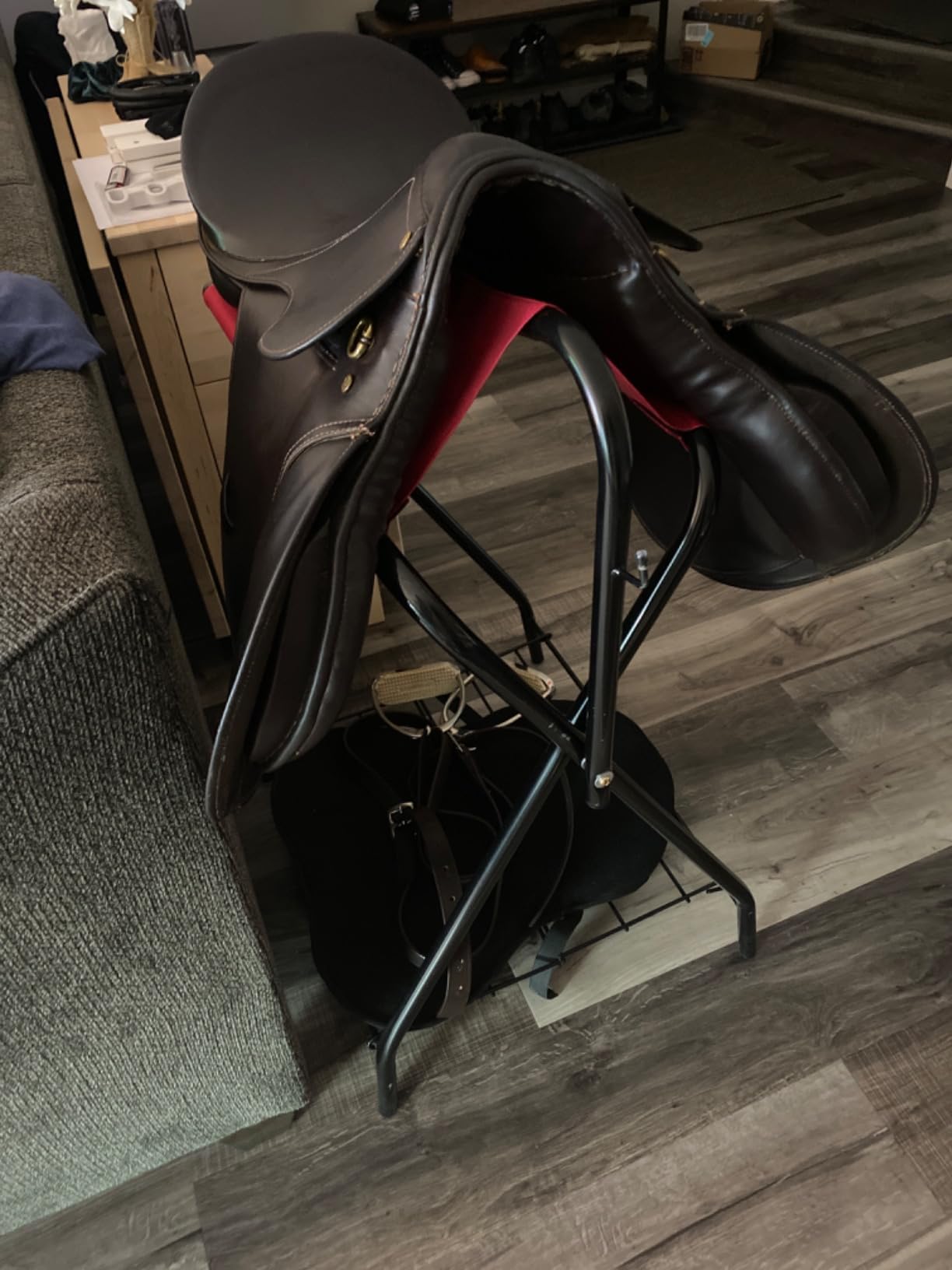 Harrison Howard Saddle Stand Freestanding Full-Size Portable Floor Horse Saddle Rack with Fabric Adds Protection to Underside of Saddle Prevents Bar Indentations Secure Saddle Saddle Black customer photo 1