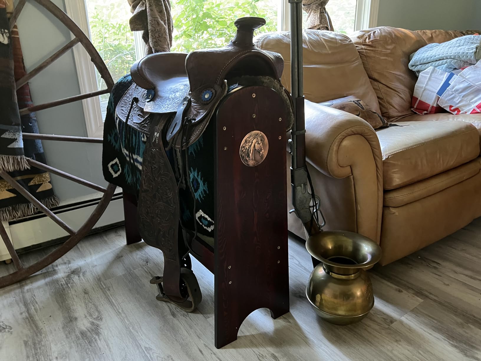 HOTCAN Pine Wood Saddle Rack | Ideal Saddle Stand for Horse Gear & Horse Tack Organizers | Suitable for Displaying Trophy Tack at Home | Compatible with English,Australian,Western Saddle(Red Mahogany) customer photo 2