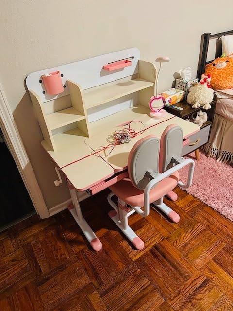 Costzon Kids Study Desk, Height Adjustable Children School Desk with Storage, Tilt Desktop, Pen Holder & Scale Ruler, Student Computer Desk Writing Table for Home School Use, Desk for Kids (Grey) customer photo 2