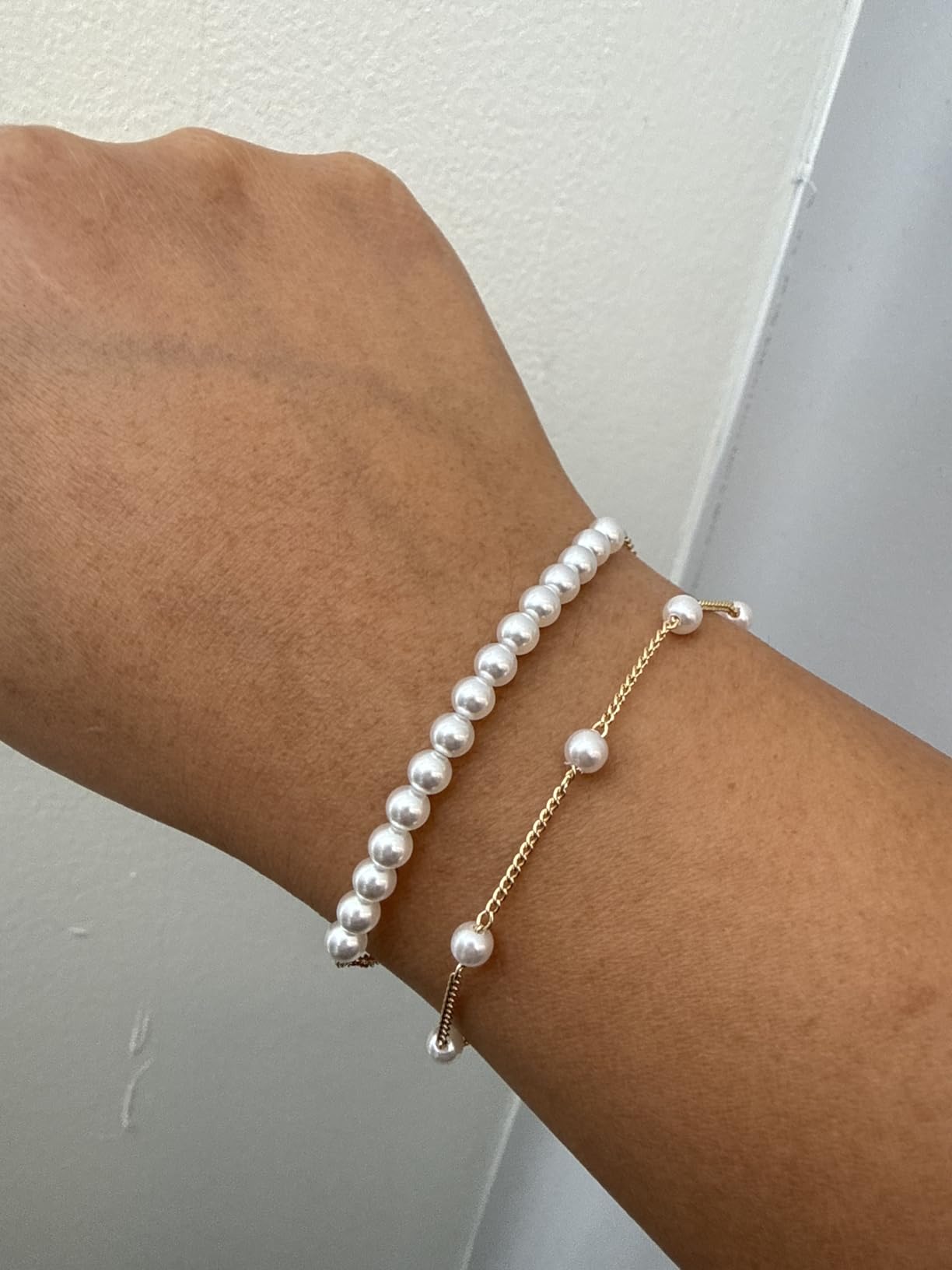 Zeffy Gold Pearl Beaded Bracelet for Women, 14K Gold Plated Jewelry Set With Paperclip Link Chain, Trendy Stack Bracelets customer photo 2