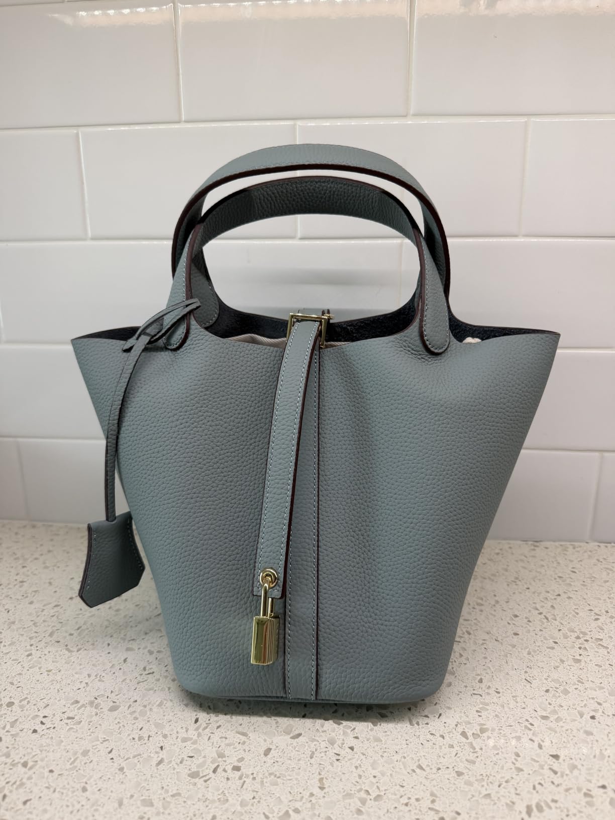 Genuine Leather Bucket Bag, Top-Handle Satchel Handbag with Lock customer photo 1