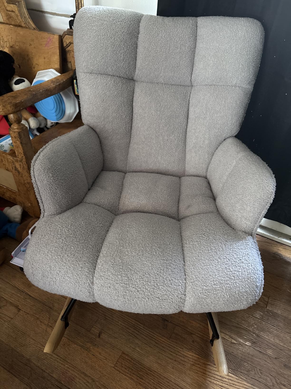 SAETSFEG Rocking Chair Nursery Teddy Upholstered Glider Rocker Rocking Accent Chair Padded Seat with High Backrest Armchair Comfy Side Chair for Living Room Bedroom Offices (Grey Teddy) customer photo 2