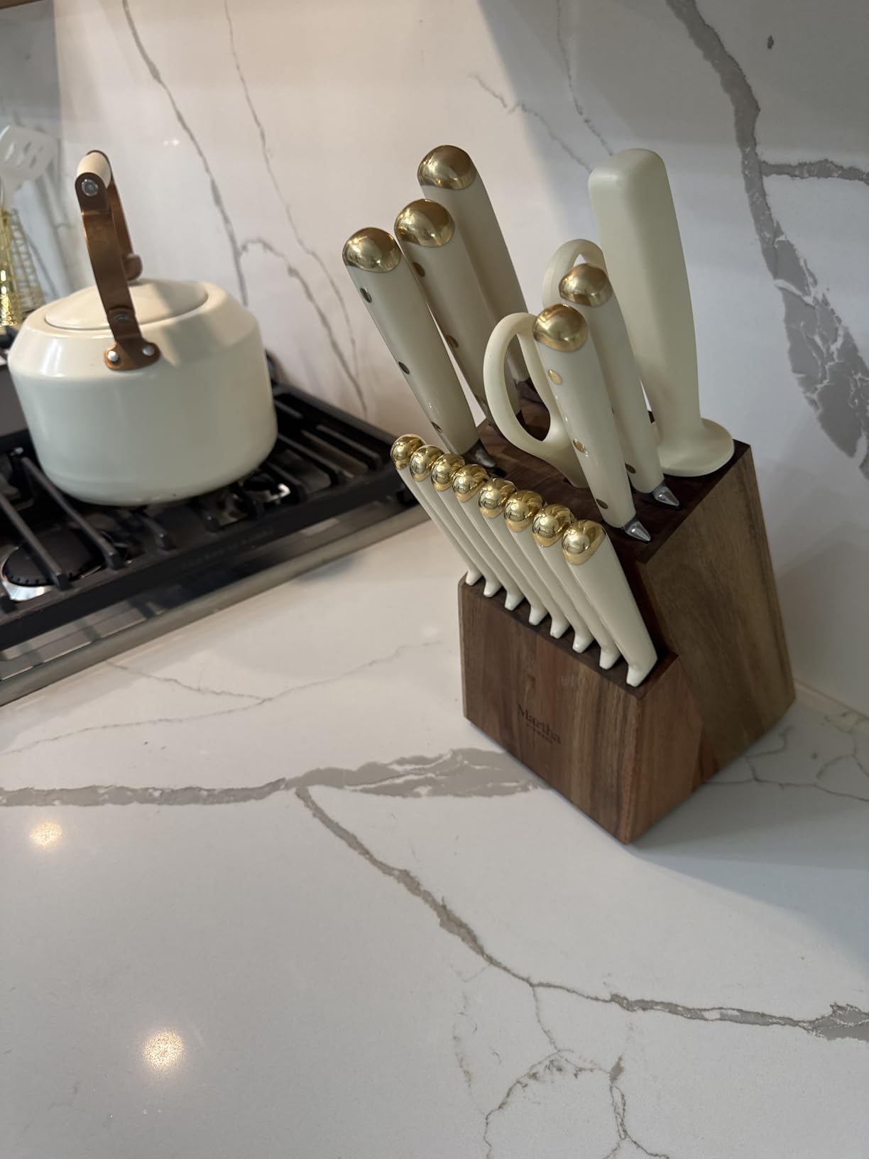 Martha Stewart Knife Block Set 16-Piece - Lockton High Carbon Stainless Steel Forged Full Tang Chef Knives, Acacia Wood Block, Triple Riveted Handles, Linen White & Gold customer photo 1