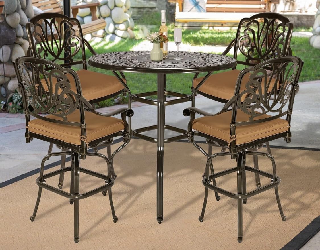 VIVIJASON 5-Piece Bar Height Patio Dining Set, All Weather Cast Aluminum Outdoor Table and Chairs Set with 4 Swivel Bar Stools, Cushions & 35.4