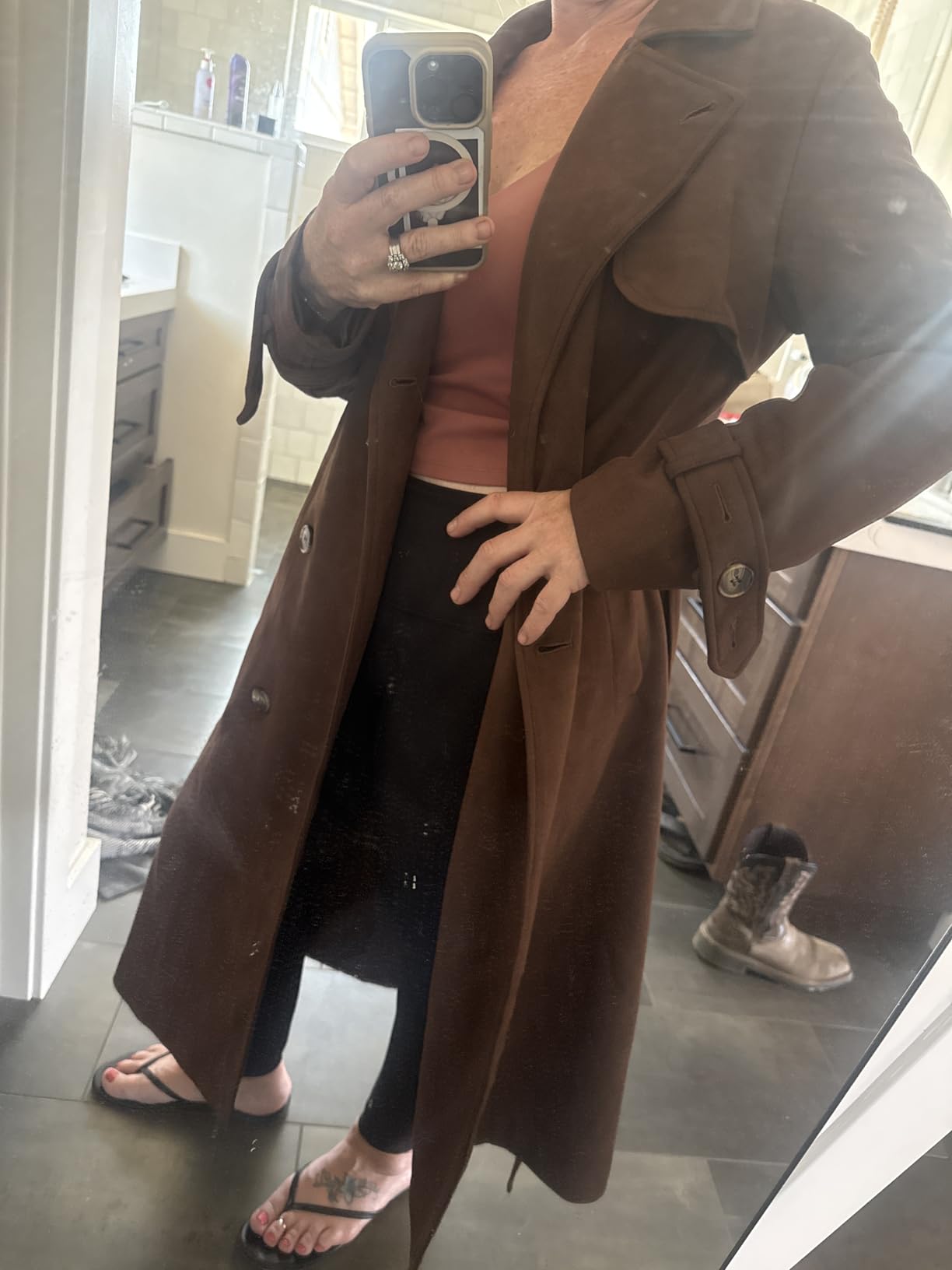 utcoco Womens Faux Suede Long Trench Coat Notched Lapel Double Breasted Pea Coat Overcoat with Belt customer photo 1