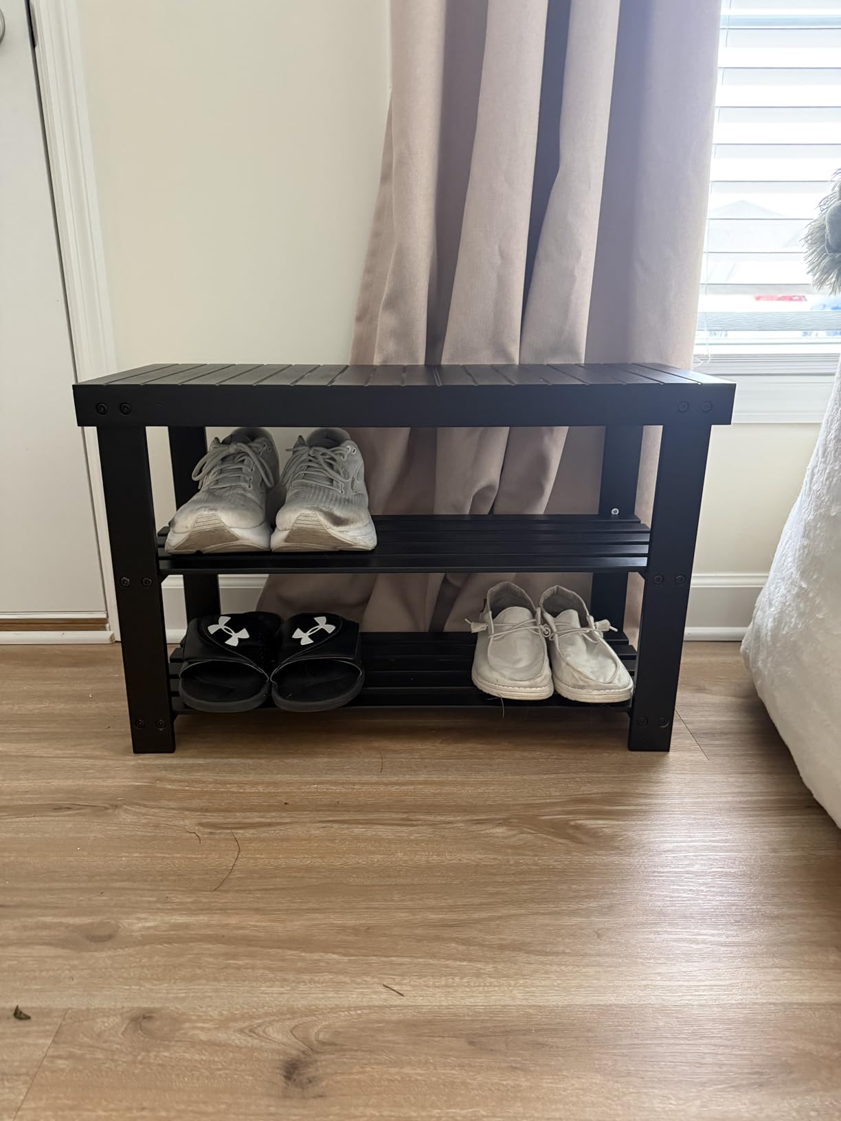 SONGMICS Shoe Rack Bench, 3-Tier Bamboo Entryway Bench, 27.6 Inches Width customer photo 1