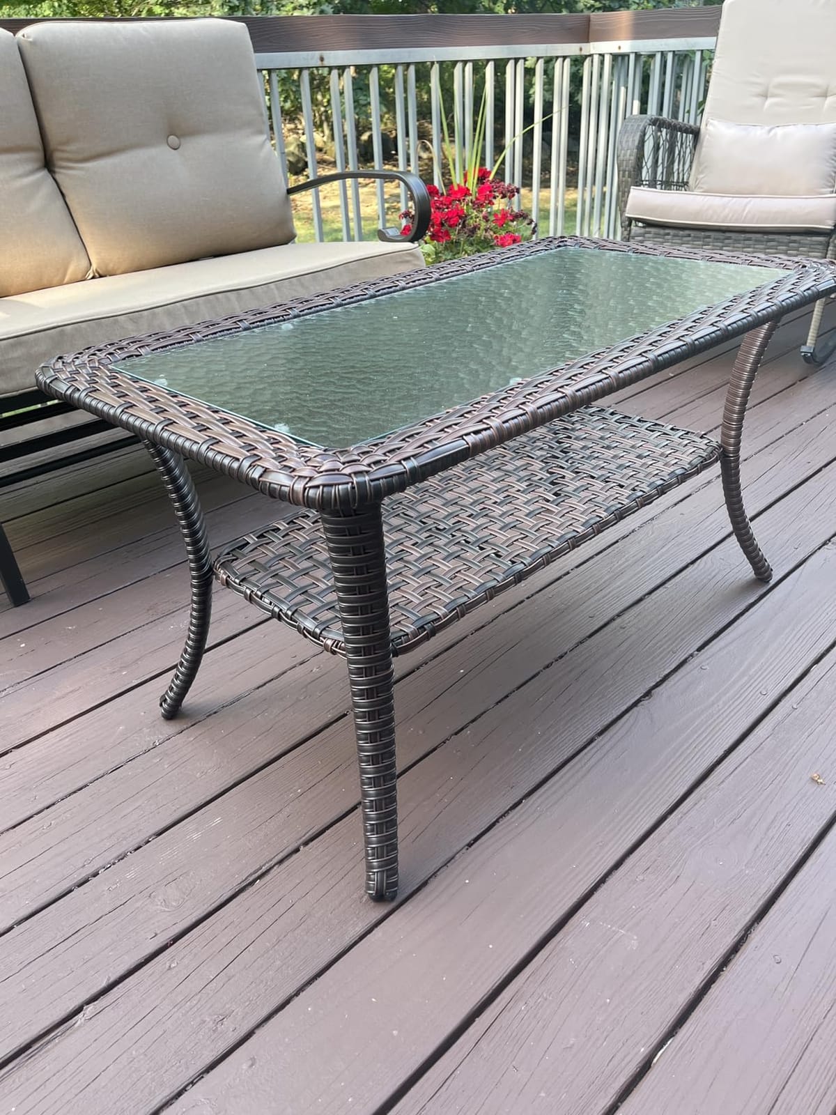 VINGLI Outdoor Coffee Table with Storage Wicker Patio Coffee Table, Tempered Glass Top Coffee Table for Patio Outside Balcony Porch Deck (Brown) customer photo 1