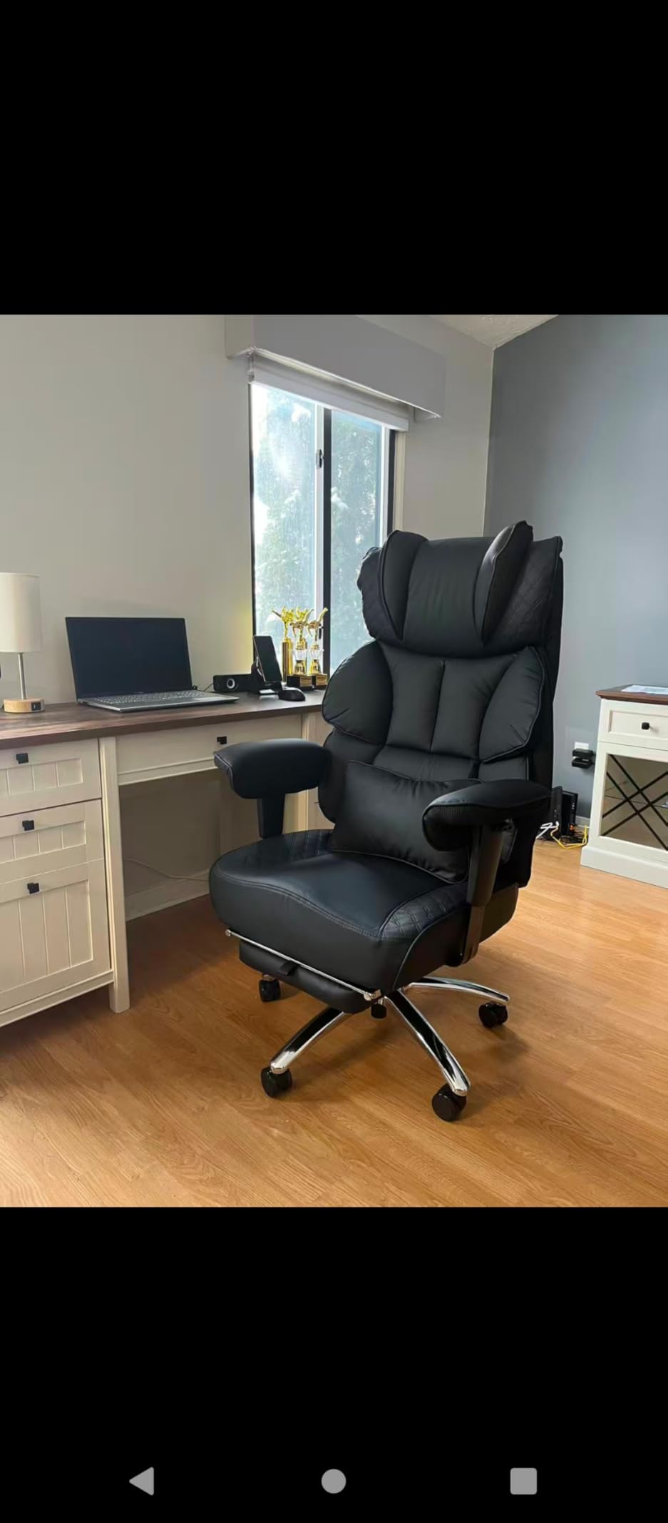 Office Desk Chair, Big and Tall Leather Gaming Chair with Footrest, Wide Ergonomic Comfy Executive High-Back Reclining Computer Chairs, Swivel Rolling Wheels and Padded Lumbar Support, Black Updated customer photo 2