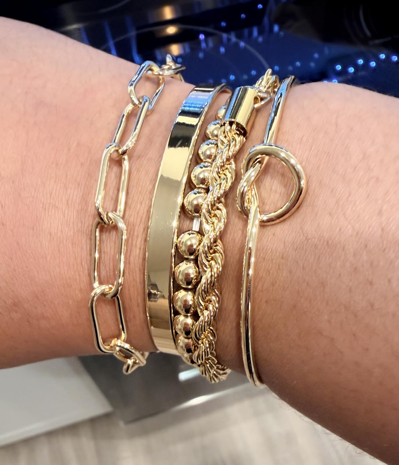 Gokeey Gold Bracelets Set for Women Non Tarnish, Waterproof 14K Gold Plated Sterling Silver Chunky Cuff Bracelet Stackable Gold Bangles Bracelet for Women Trendy Fashion Accessories Tie Knot Cuban Rope Paperclip Beaded Bracelet Stack Jewelry Mothers Day Gifts for Mom Birthday customer photo 2