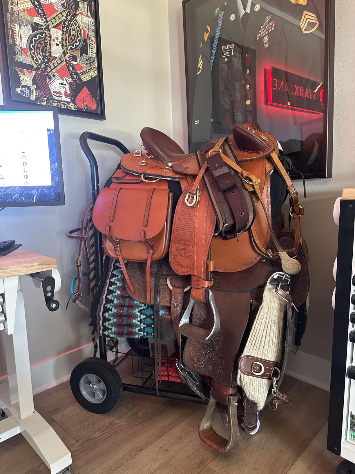 Homestead 220 Lbs Rolling Saddle Rack Cart with Basket – Heavy Duty Saddle Stand for Western Horse Gear, Organizers and Storage for Tack Room, Bridle, Horse Lovers, Cowboy - 3 Tier Saddle Rack Carts customer photo 2
