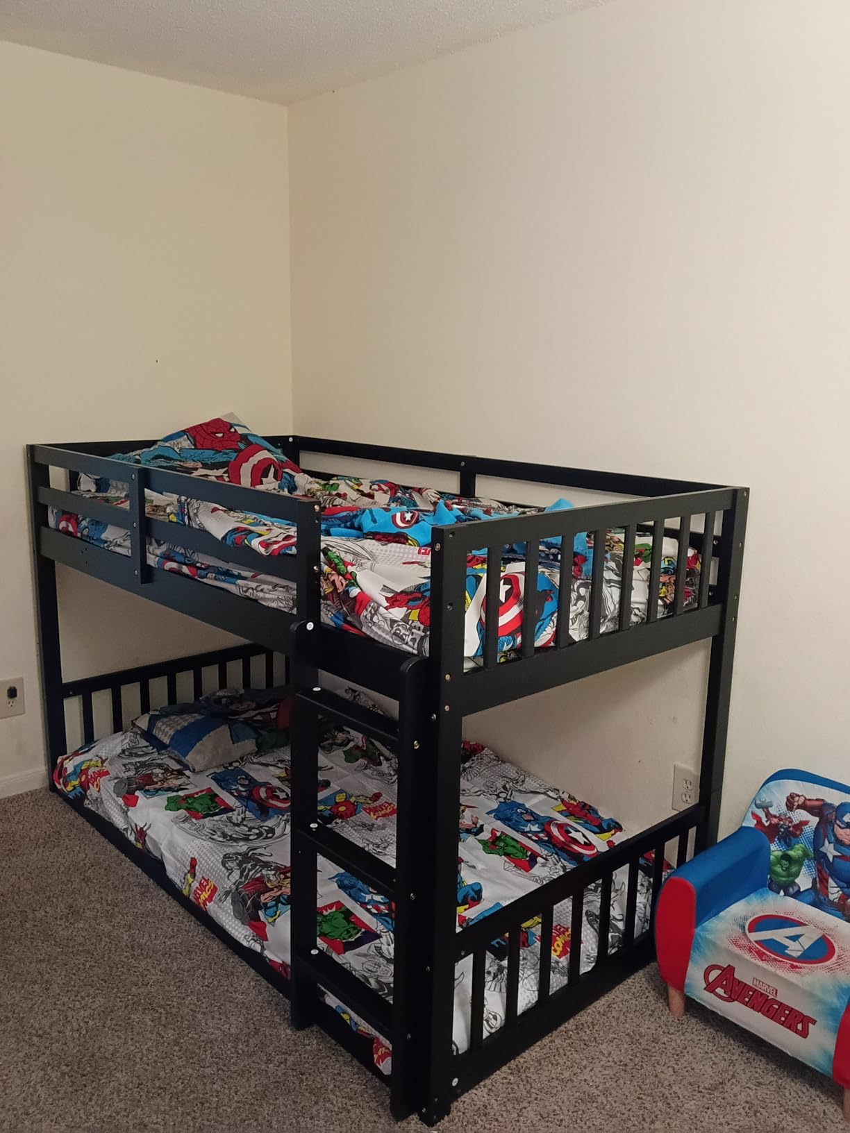 JOYMOR Solid Wood Low Twin Over Twin Bunk Bed for Kids/Junior, Bunk Bed Frame with Guardrails & Ladder for Boys Girls, No Box Spring Needed (Black) customer photo 1