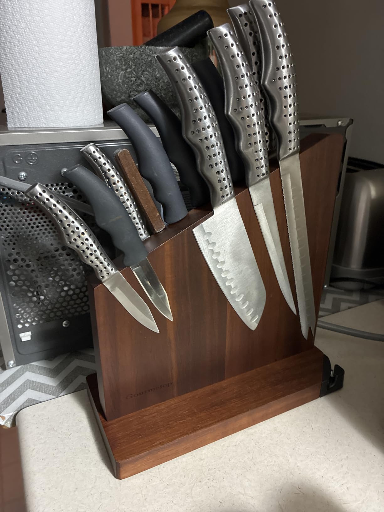 Gourmetop Magnetic Knife Block with Sharpener, Double Sided, Dark Acacia customer photo 1
